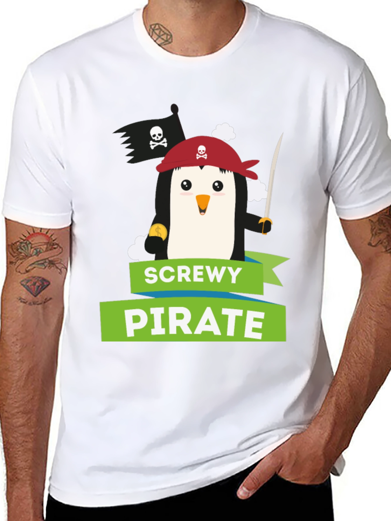 Black Screw Pirate Penguin T-Shirt - Funny Cartoon Tee view 8