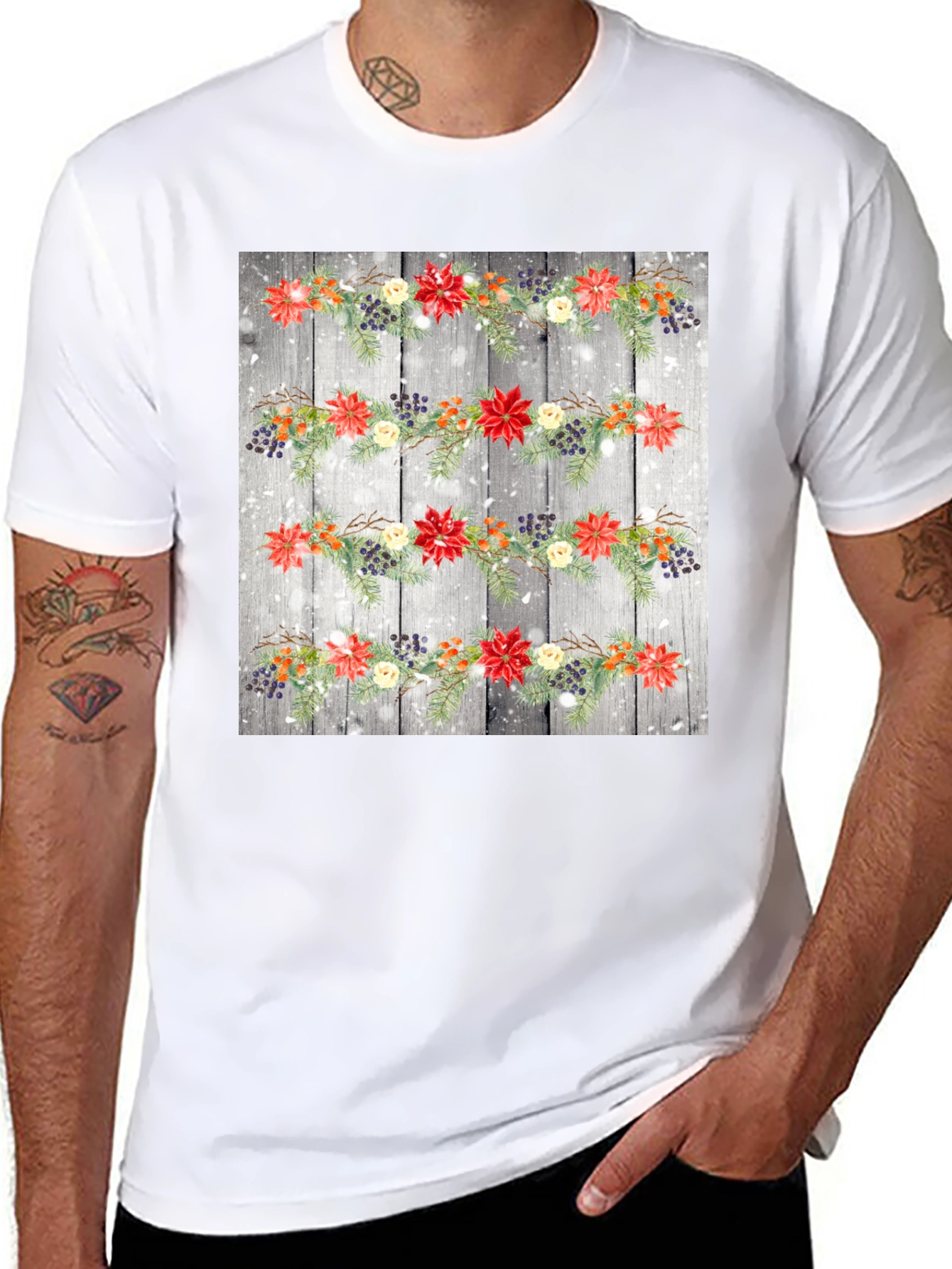 Black Festive Floral Garland T-Shirt view 8