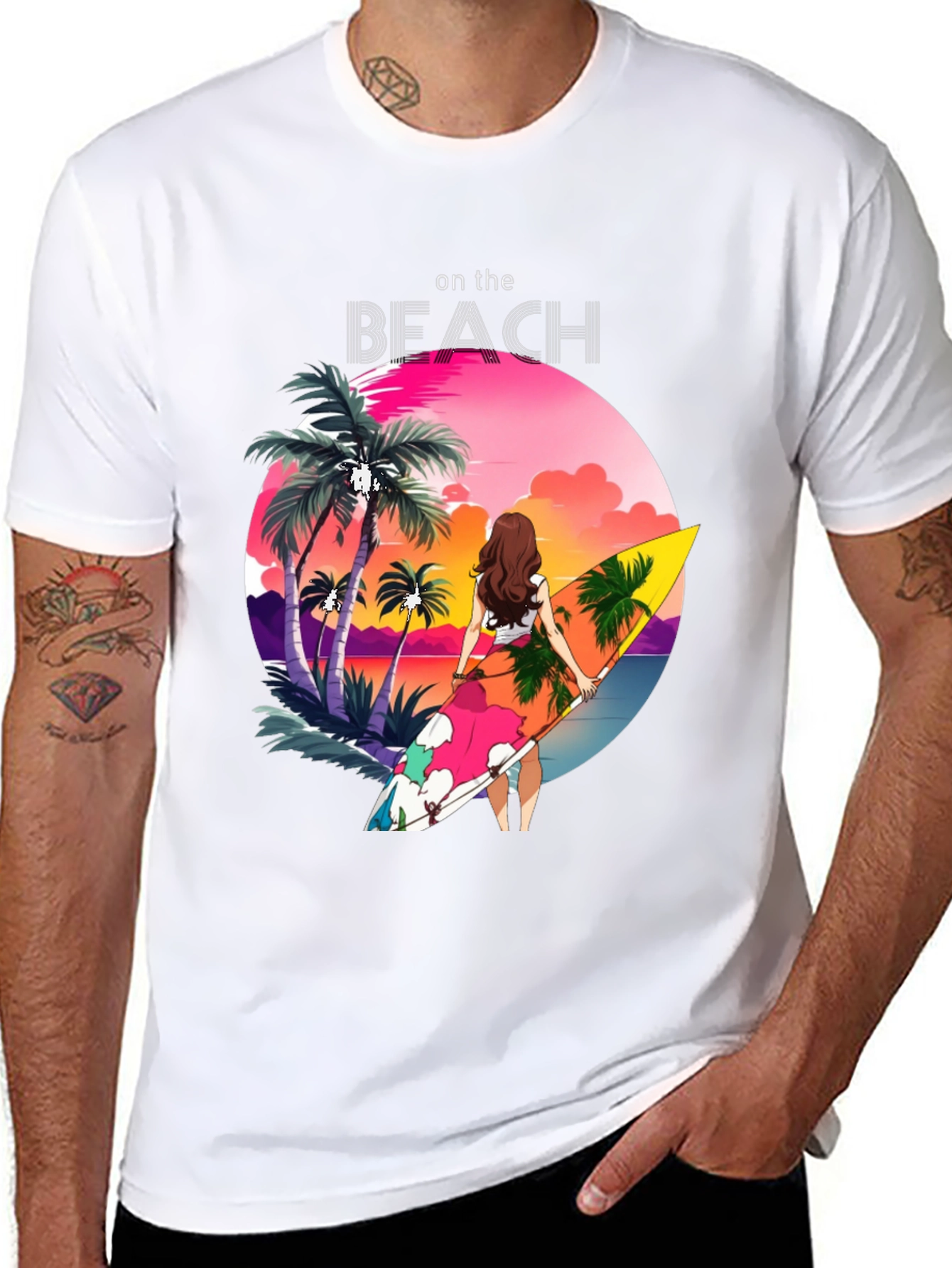 Tropical Beach Scene Graphic Tee - Black Cotton Comfort - 8
