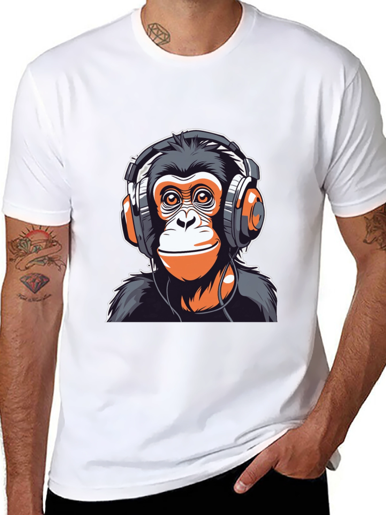 Black Cool Monkey Headphones Graphic Tee view 8