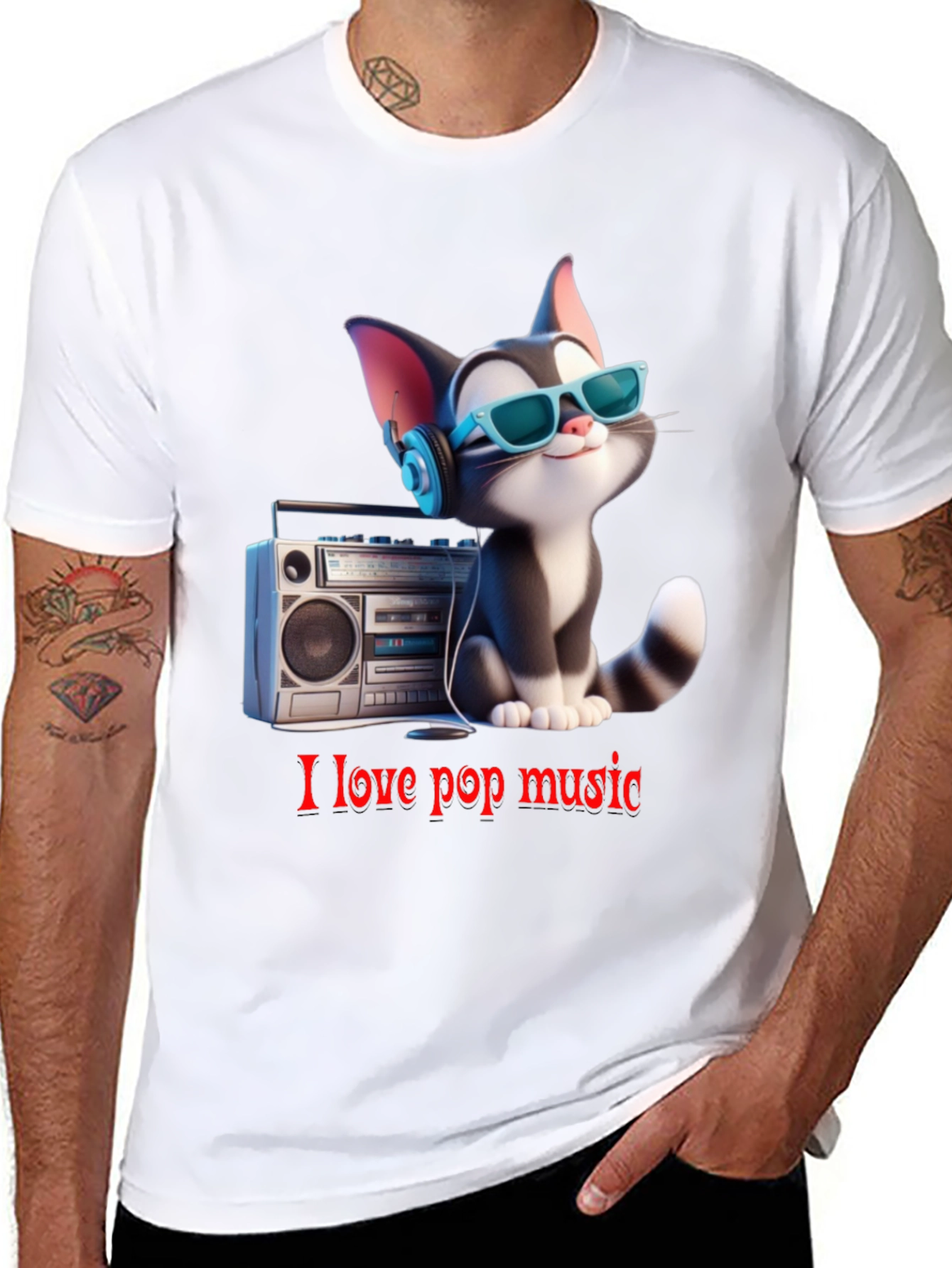 Black Cool Cat Loves Pop Music T-Shirt view 8