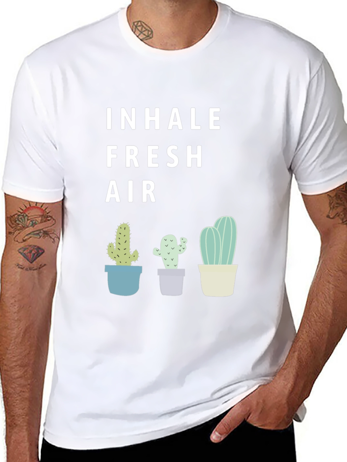 Black Inhale Fresh Air Cactus Graphic Tee - Unisex view 8
