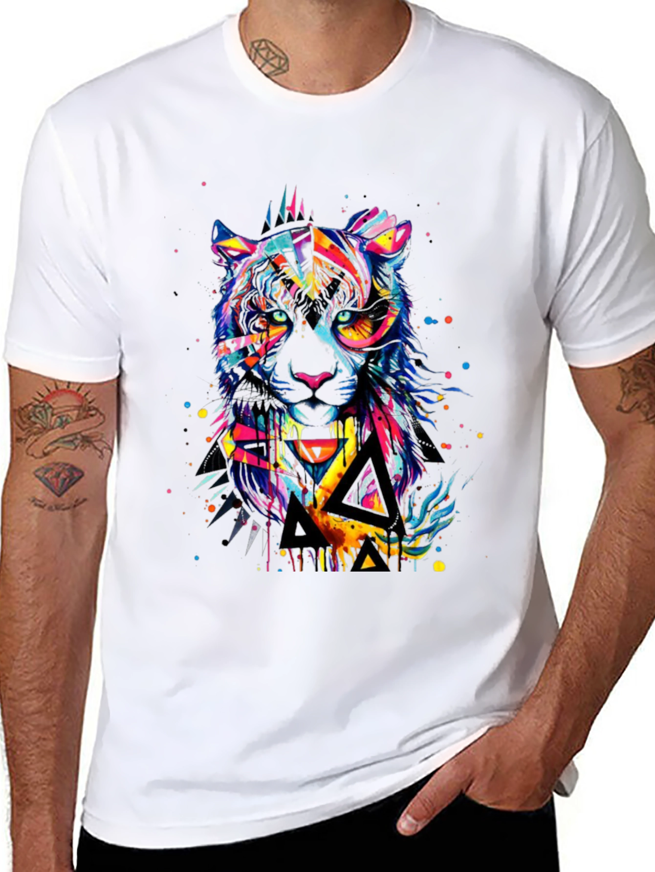 Black Colorful Geometric Tiger Graphic T-Shirt view 8