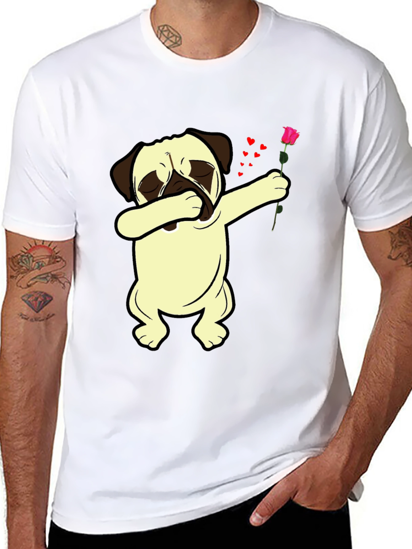 Black Dabbing Pug T-Shirt with Rose view 8