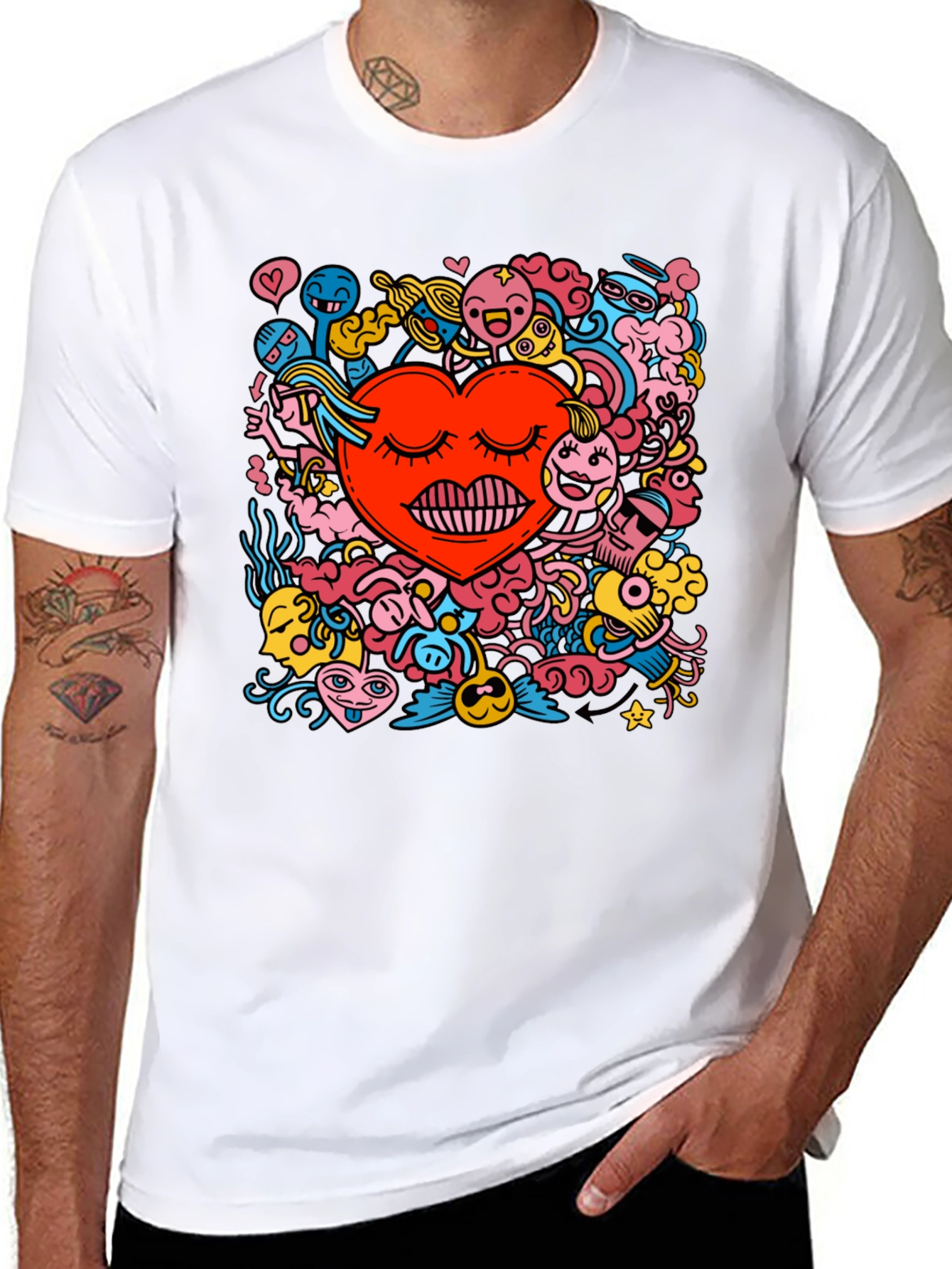 Black Heart Doodle Graphic Tee - Black Cotton Casual T-Shirt view 8