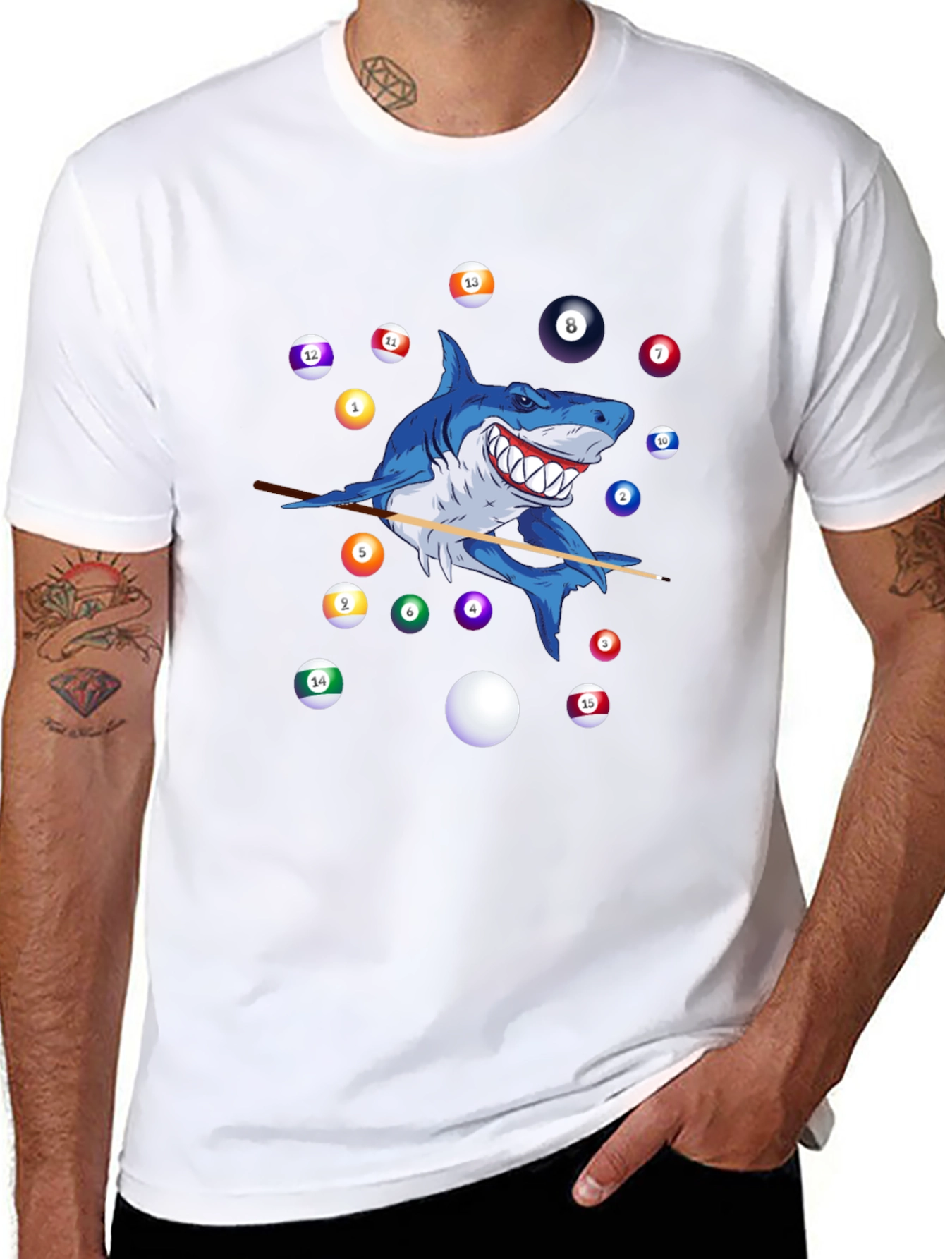Shark Playing Pool Graphic T-Shirt - 8