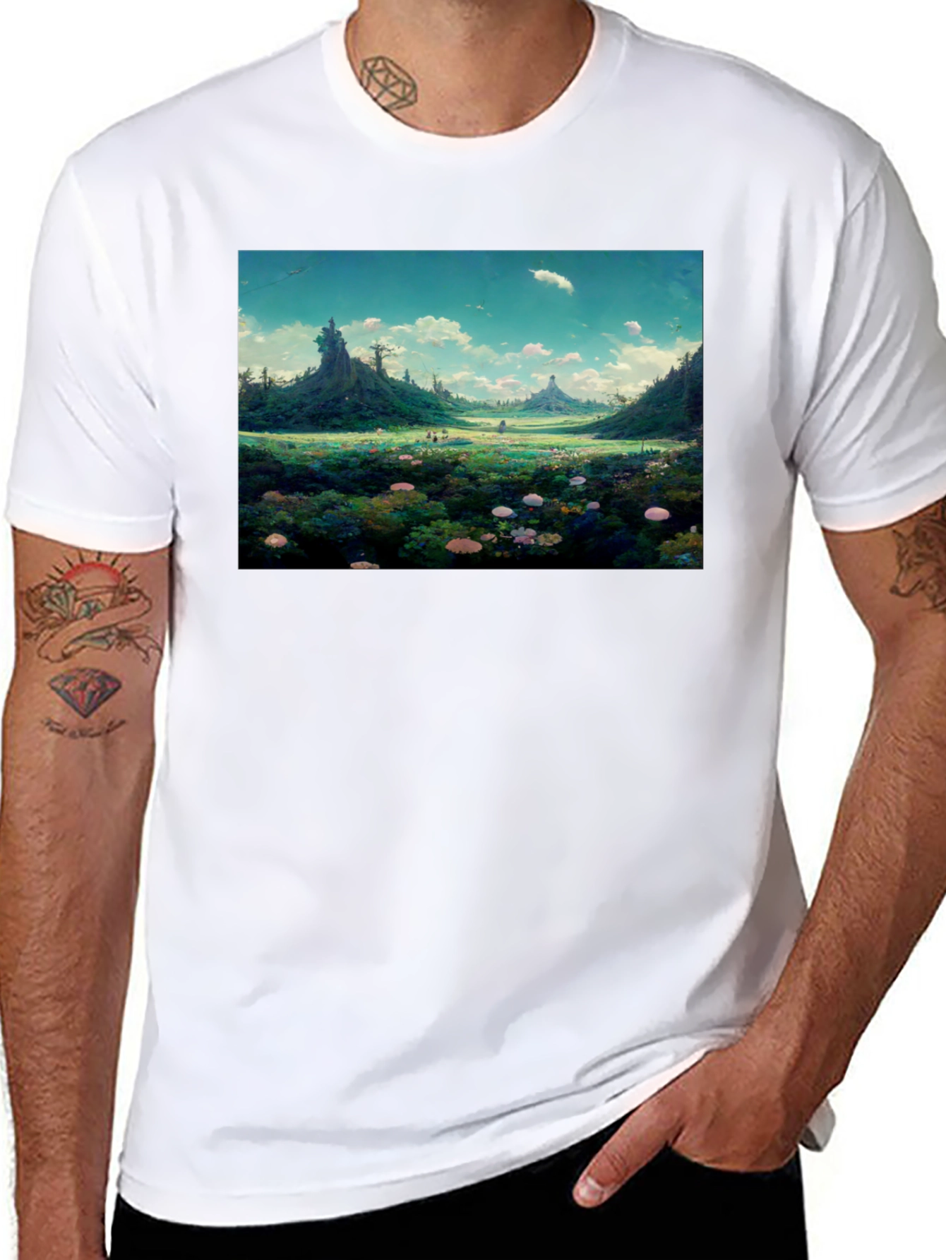 Black Whimsical Landscape Graphic Tee - Nature Lover's Shirt view 8