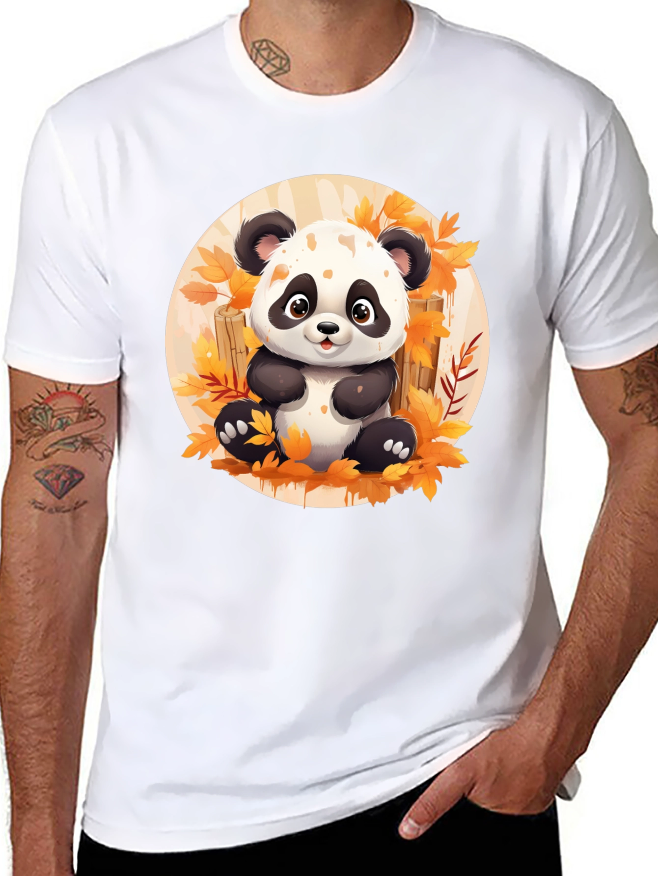 Black Cute Panda T-Shirt - Autumn Leaves Design view 8