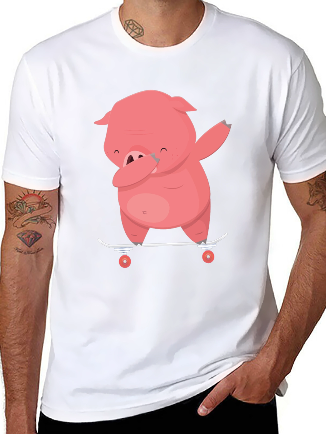 Black Dabbing Pig Skateboard T-Shirt - Funny Cartoon Tee view 8