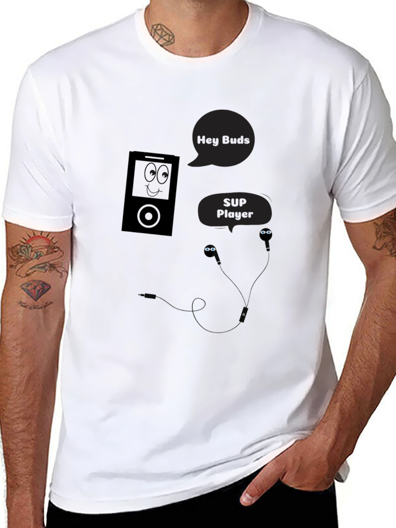 Black Hey Buds! Black Graphic Tee - Music Player Humor view 8