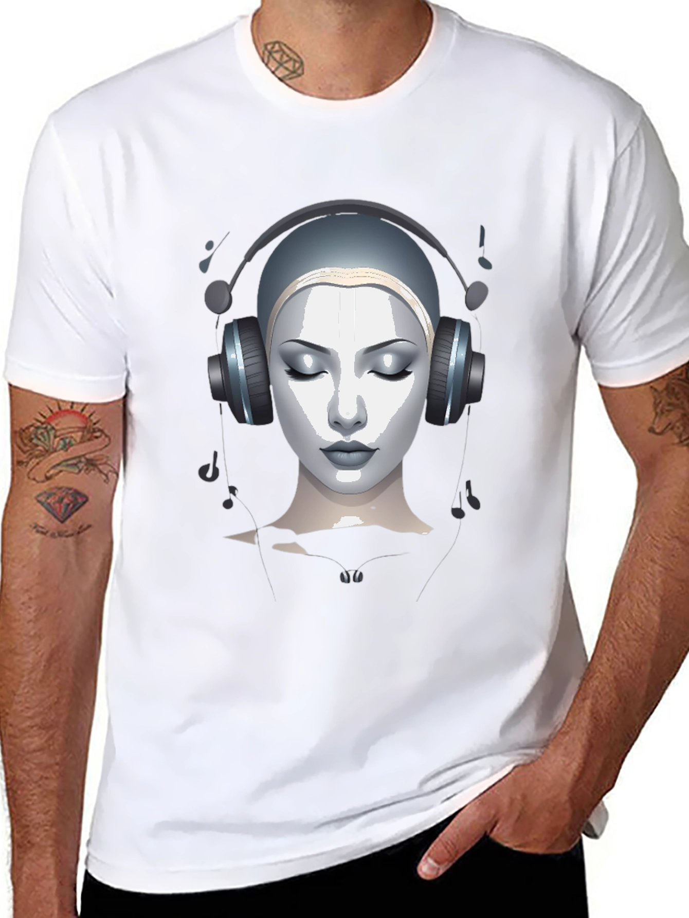Black Abstract Woman with Headphones Graphic Tee view 8