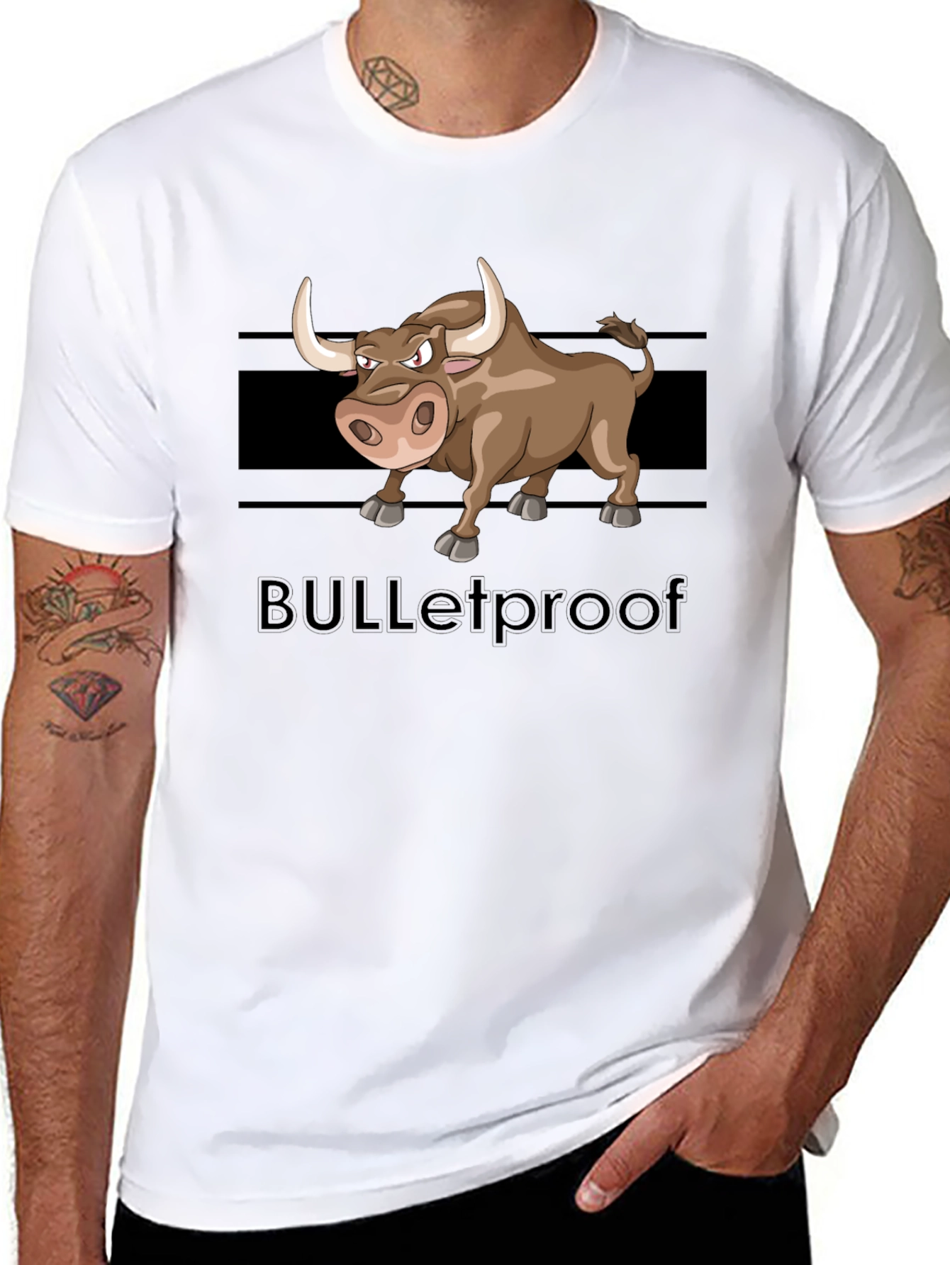 Black Cartoon Bull Graphic Tee - "BULLETproof" Black T-Shirt view 8