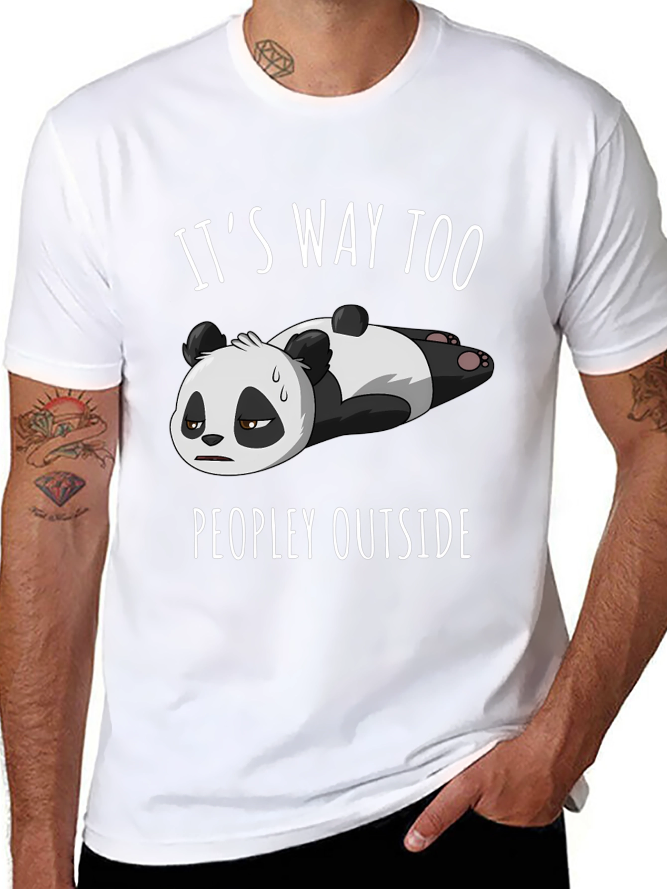 Black Funny Panda T-Shirt: "It's Way Too Peopley Outside" view 8