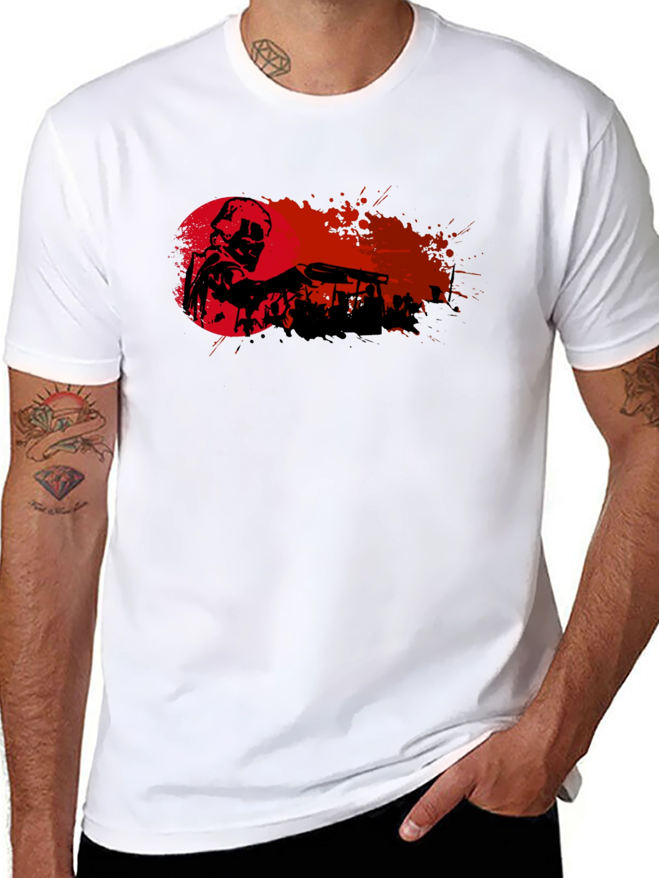 Black Graphic Print T-Shirt - Skull with Gun view 8