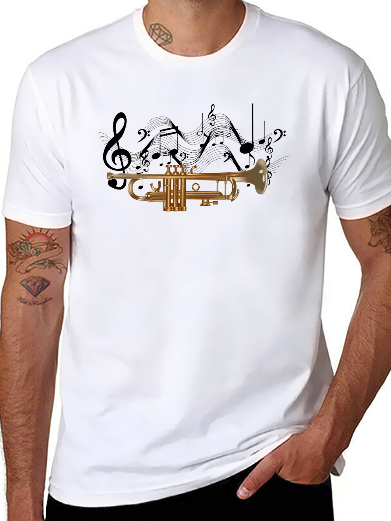 Black Musical Trumpet Graphic T-Shirt - Black Cotton Tee view 8