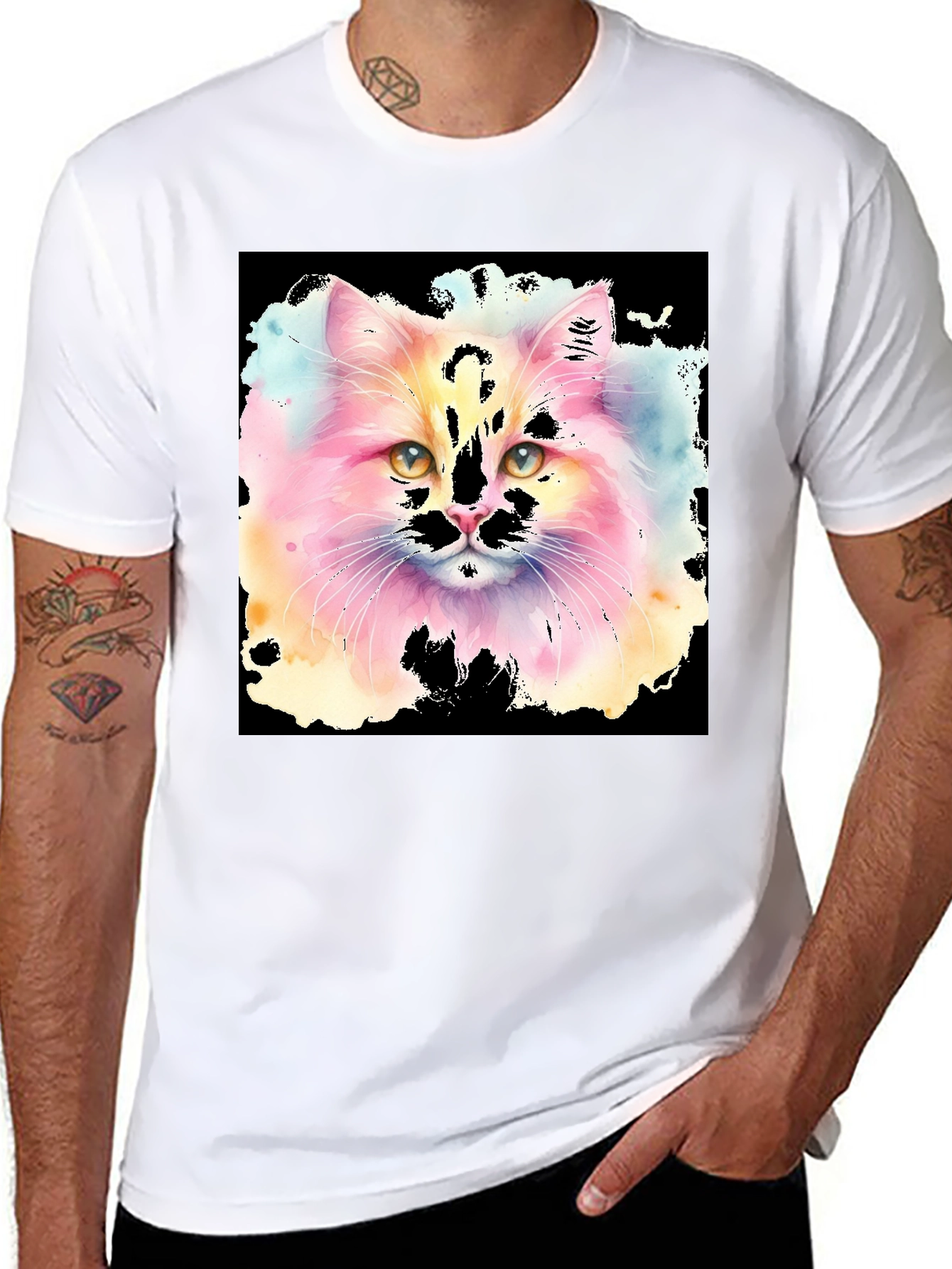Black Watercolor Cat Graphic Tee - Black Cotton T-Shirt view 8