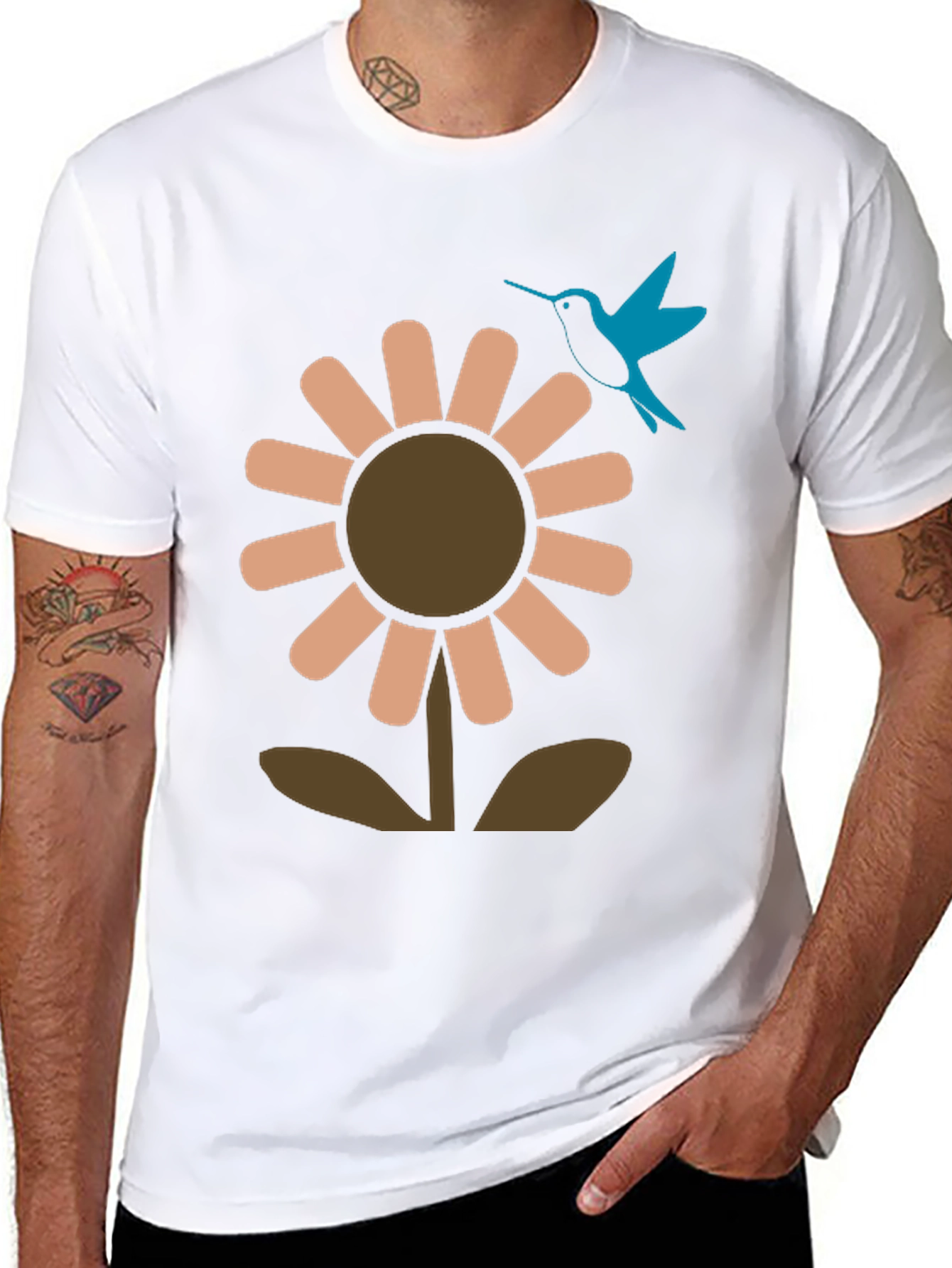 Black Black Graphic Tee: Flower & Hummingbird Design view 8