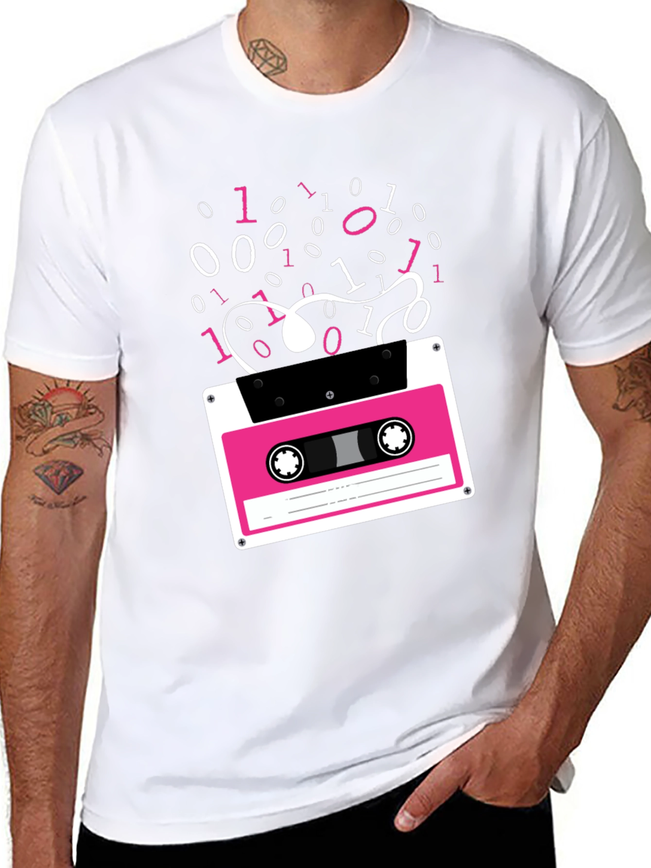 Black Retro Cassette Tape Binary Code Graphic Tee view 8