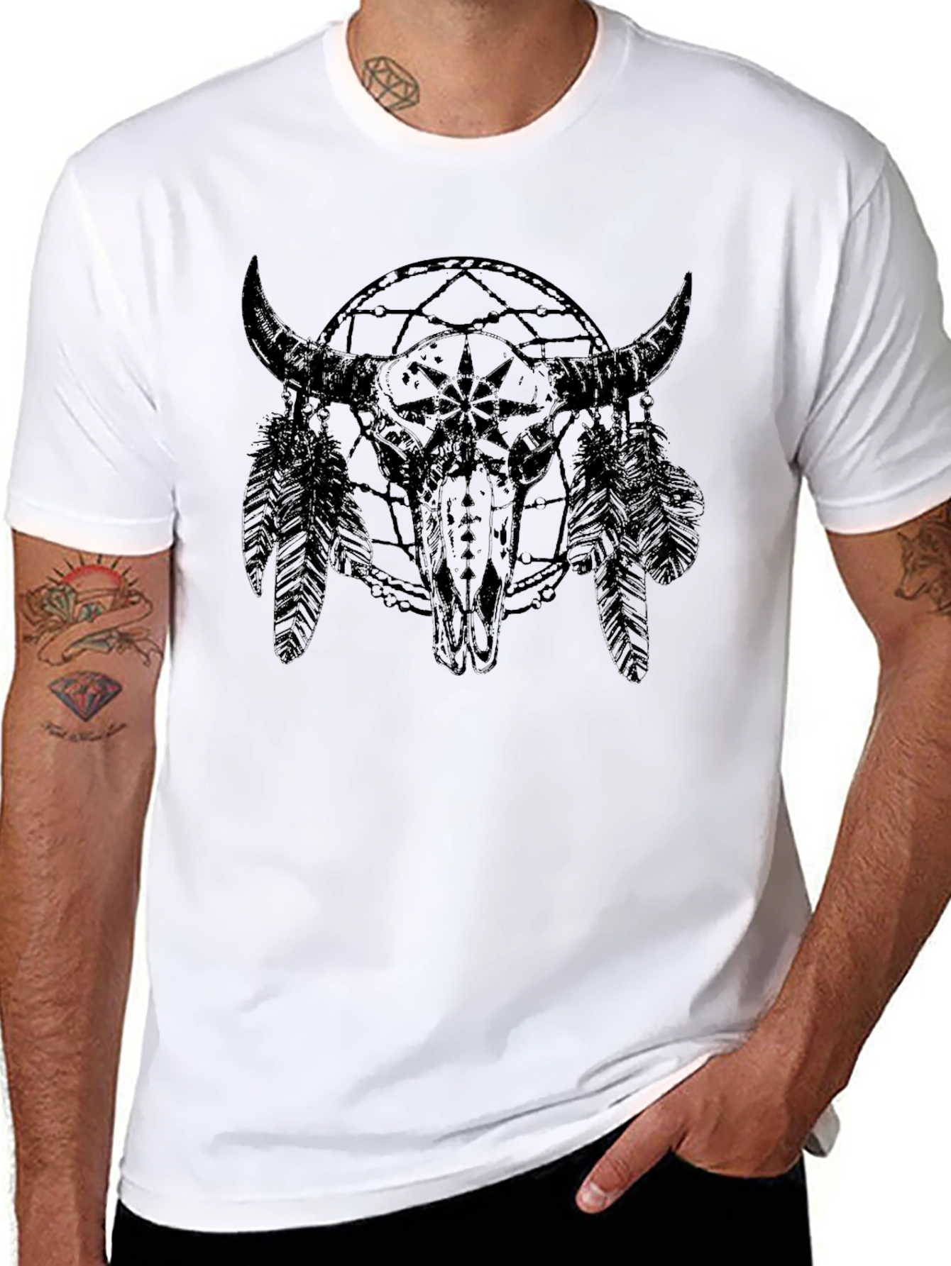 Black Buffalo Skull Dreamcatcher Men's Black T-Shirt view 8