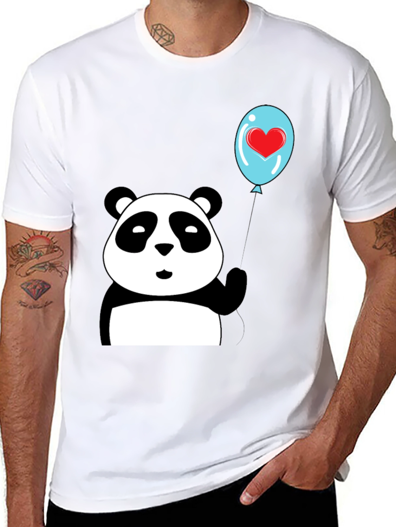 Black Cute Panda with Heart Balloon Graphic Tee view 8