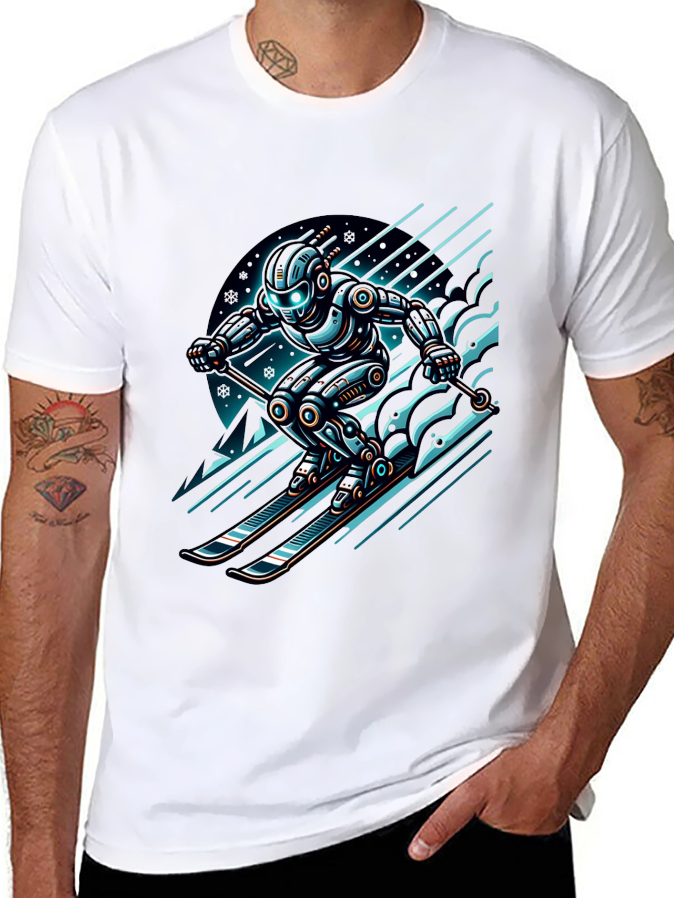 Black Robot Skier Graphic Tee - Black Cotton T-Shirt view 8