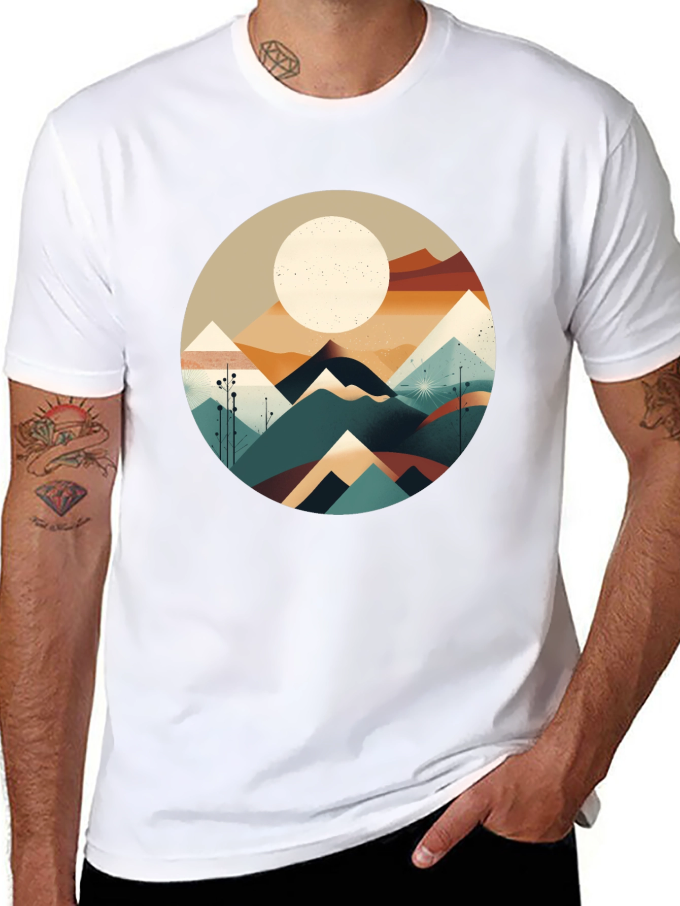 Black Geometric Mountain & Moon Graphic Tee - Black view 8