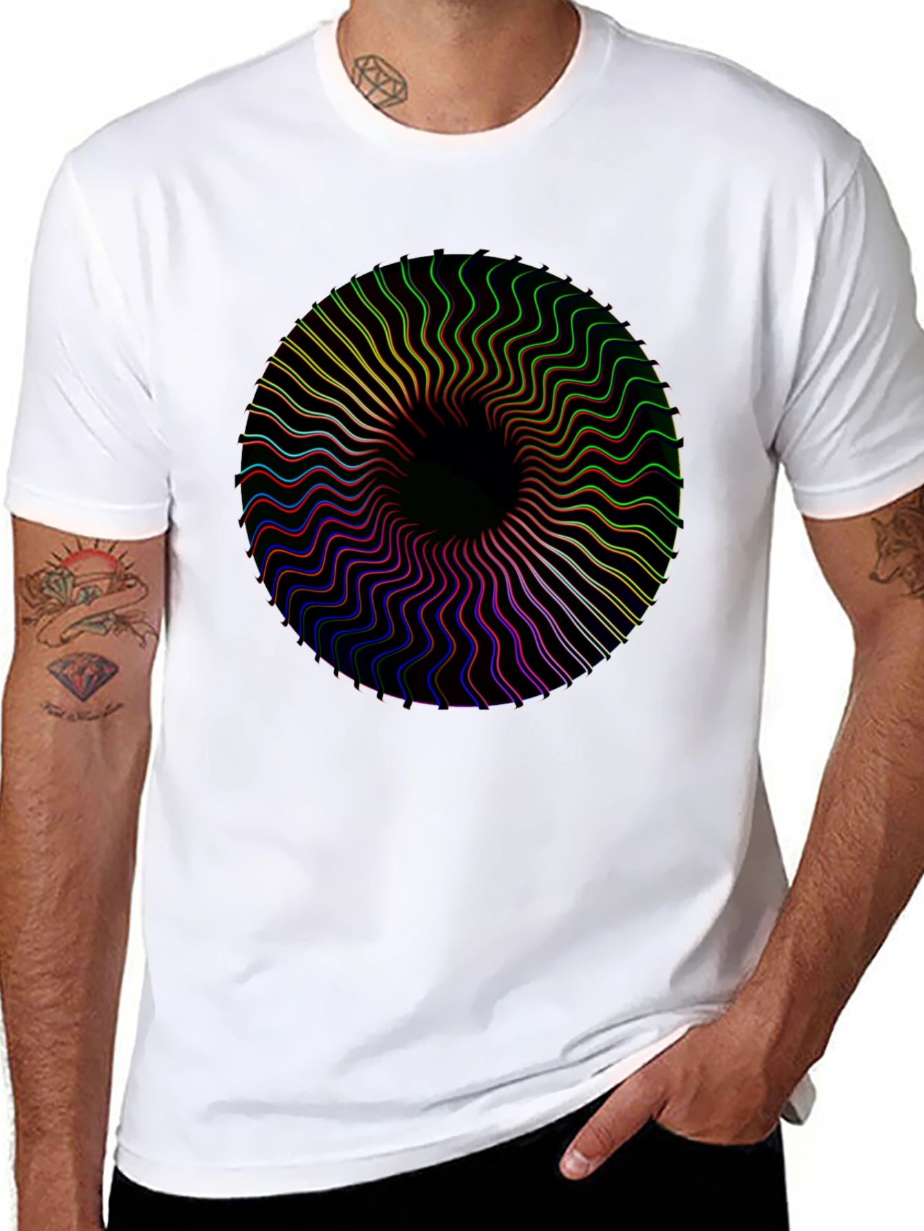 Black Vortex Tee: Black Shirt with Psychedelic Circle Design view 8