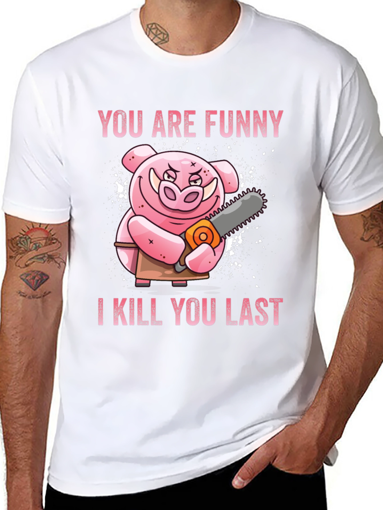 Black Funny Pig with Chainsaw Graphic Tee view 8