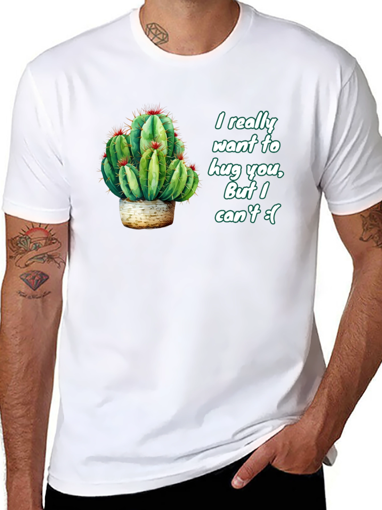 Black Cactus Hug Men's Black T-Shirt - Funny Graphic Tee view 8