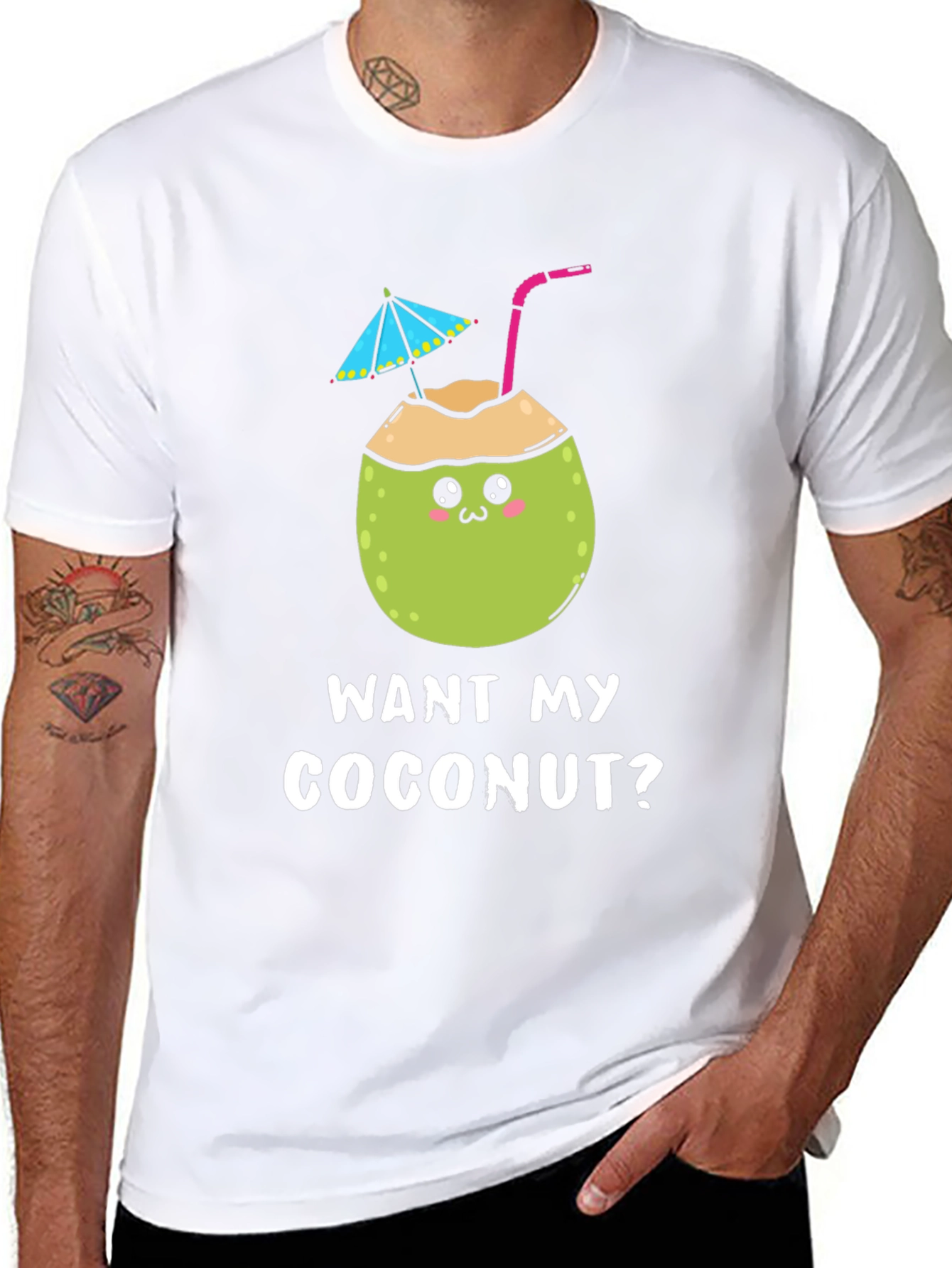 Black Want My Coconut? Novelty Graphic T-Shirt view 8