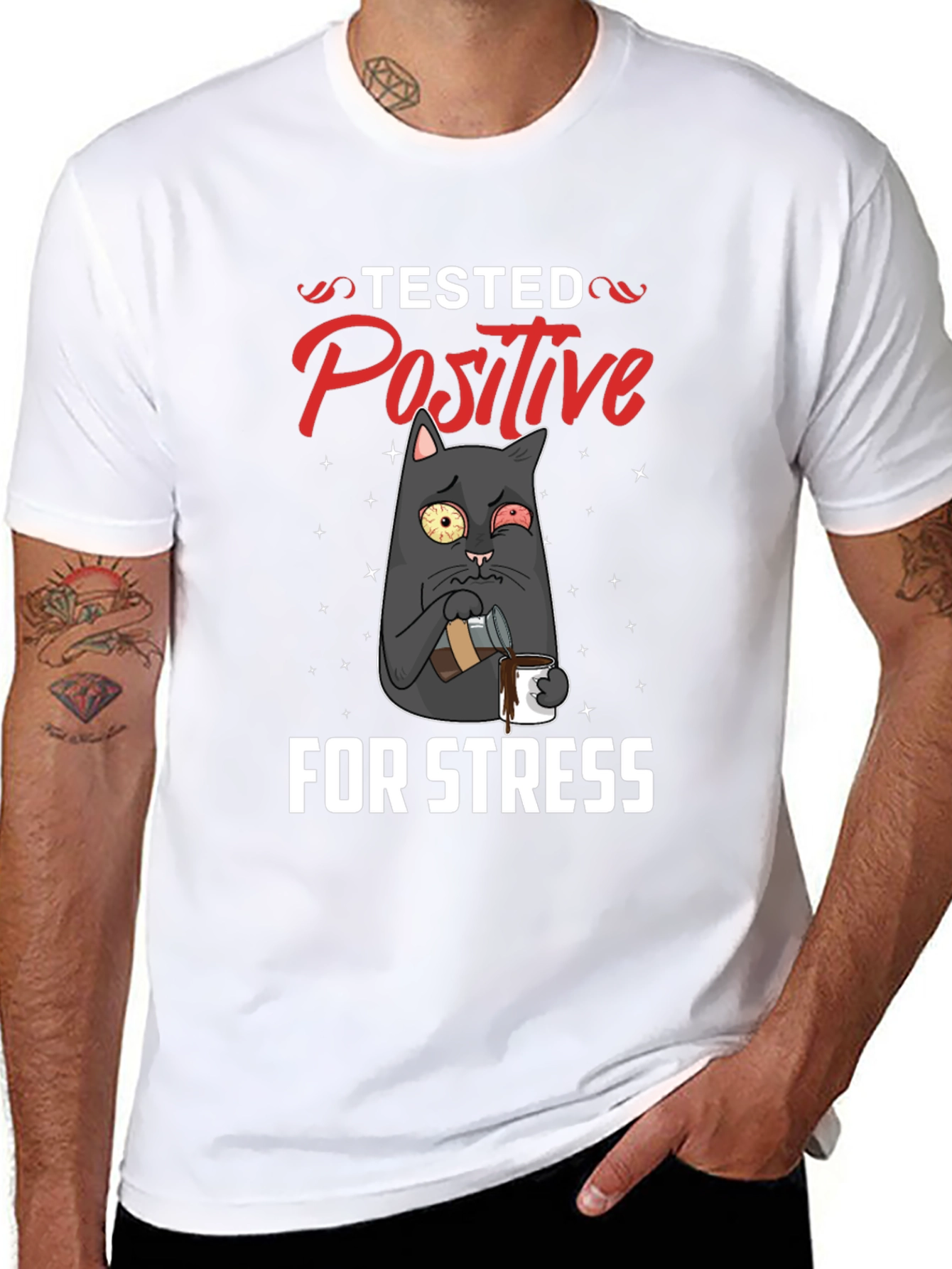 Black Stressed Cat T-Shirt - Tested Positive Design view 8