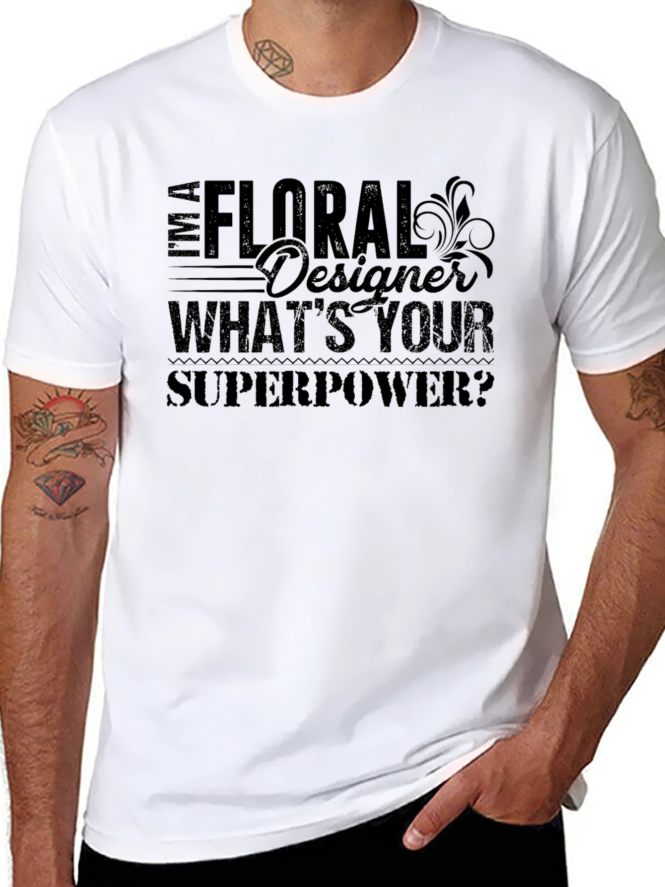 Black Floral Designer Superpower Black T-Shirt view 8