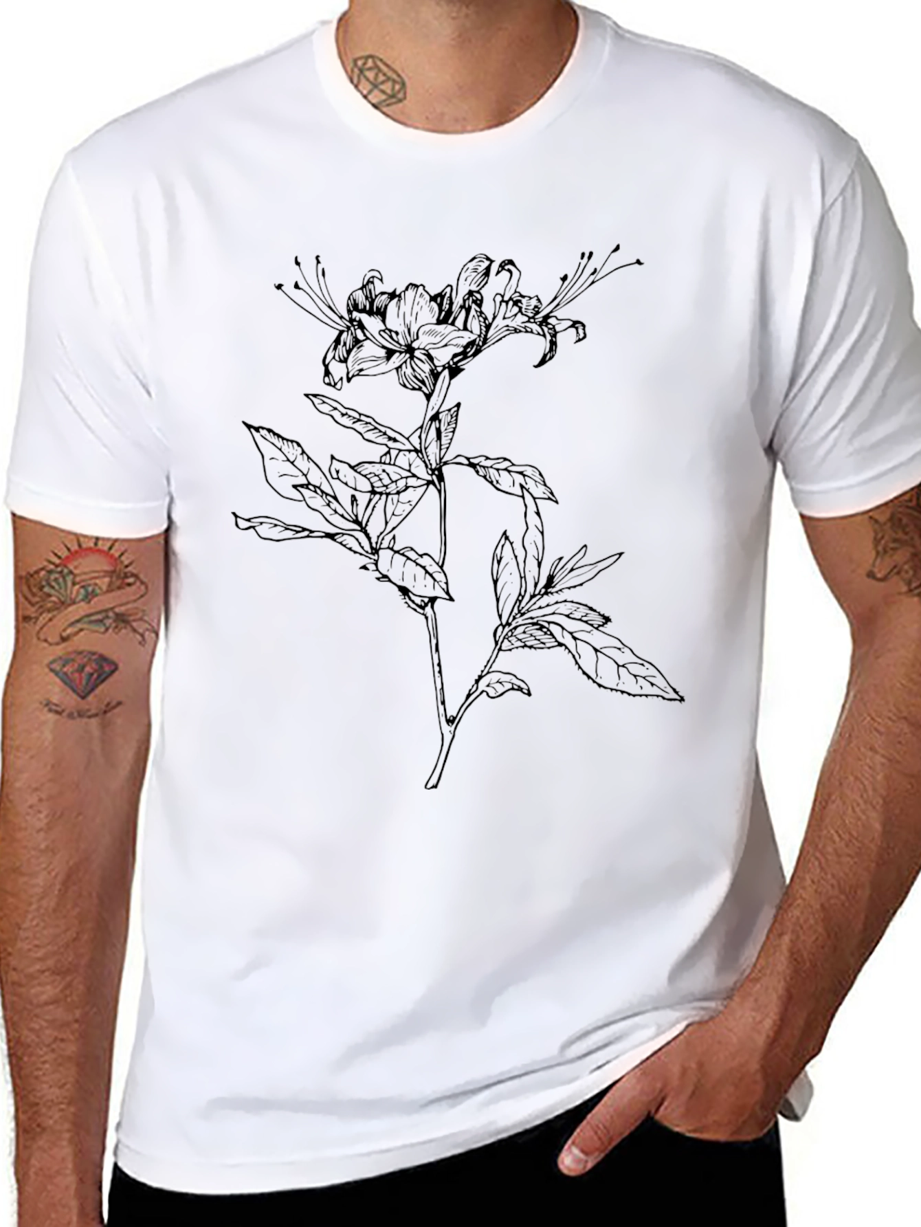 Black Botanical Line Art T-Shirt - Modern Floral Tee view 8