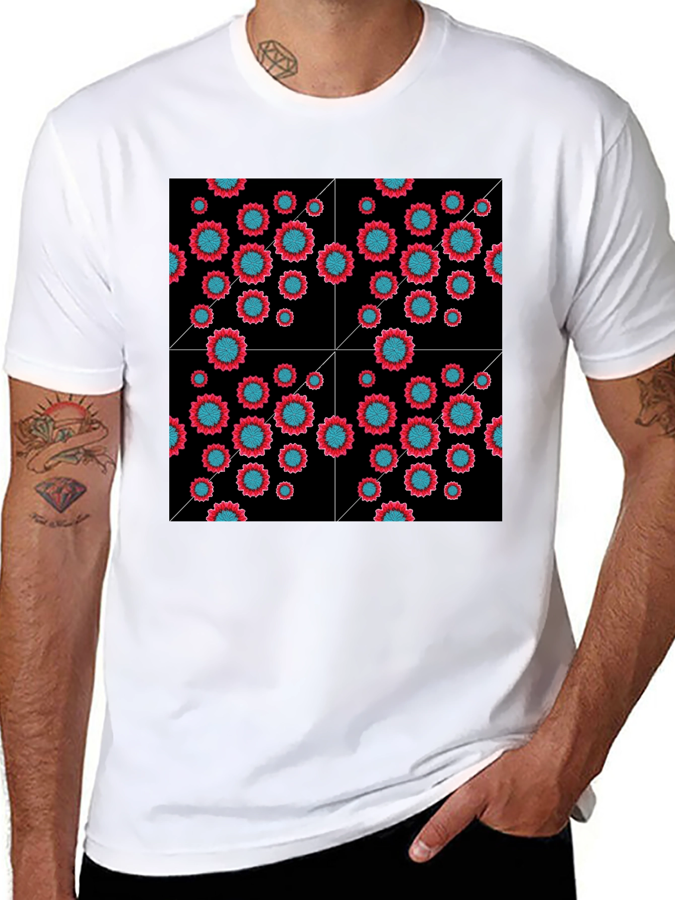 Black Floral Grid Black T-Shirt - Modern Geometric Style view 8