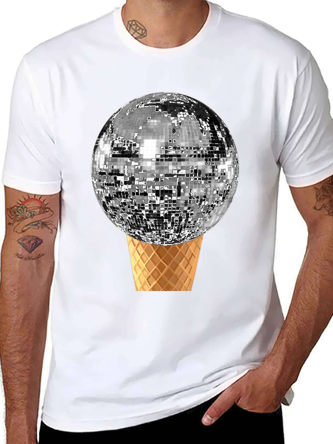 Black Disco Ball Ice Cream Cone Graphic Tee view 8