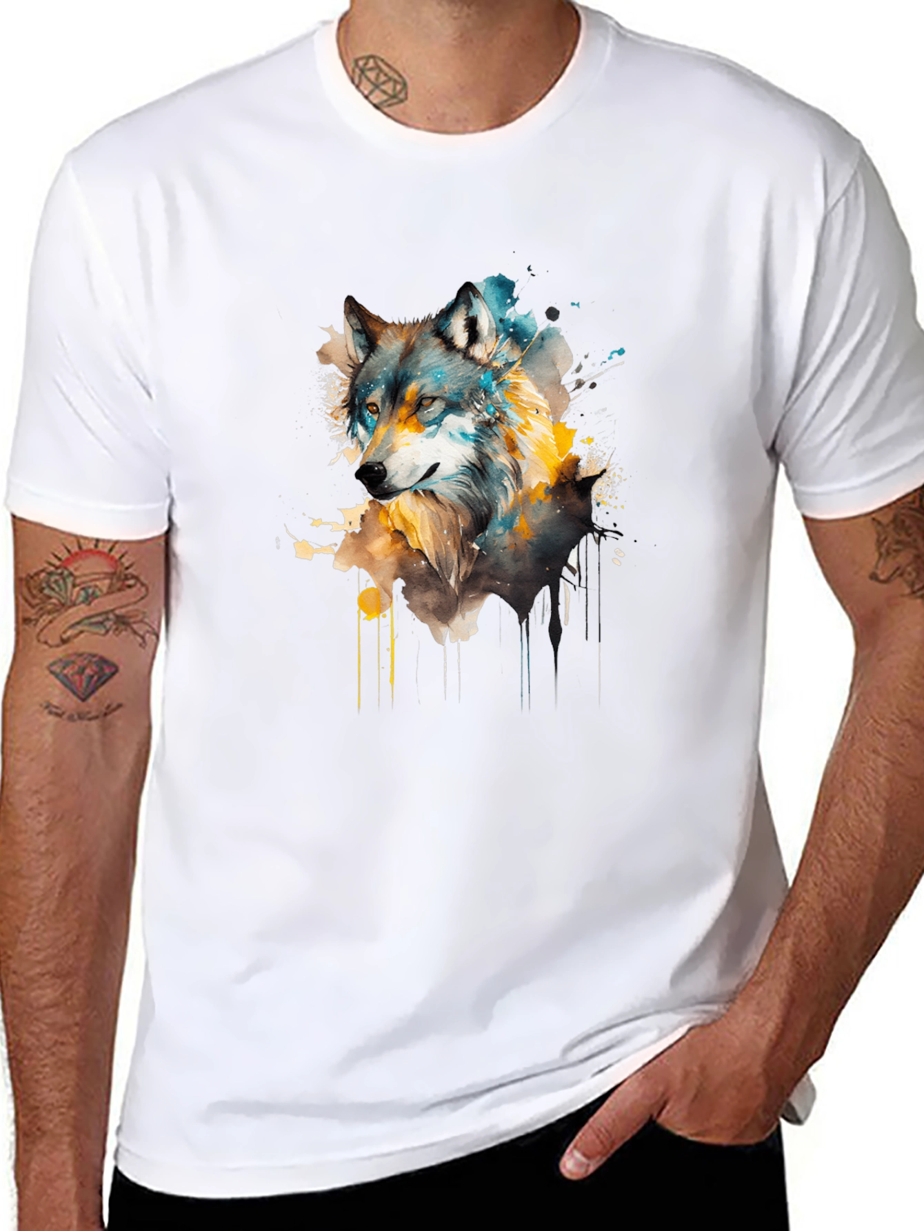 Black Watercolor Wolf Graphic Tee - Unisex Black T-Shirt view 8