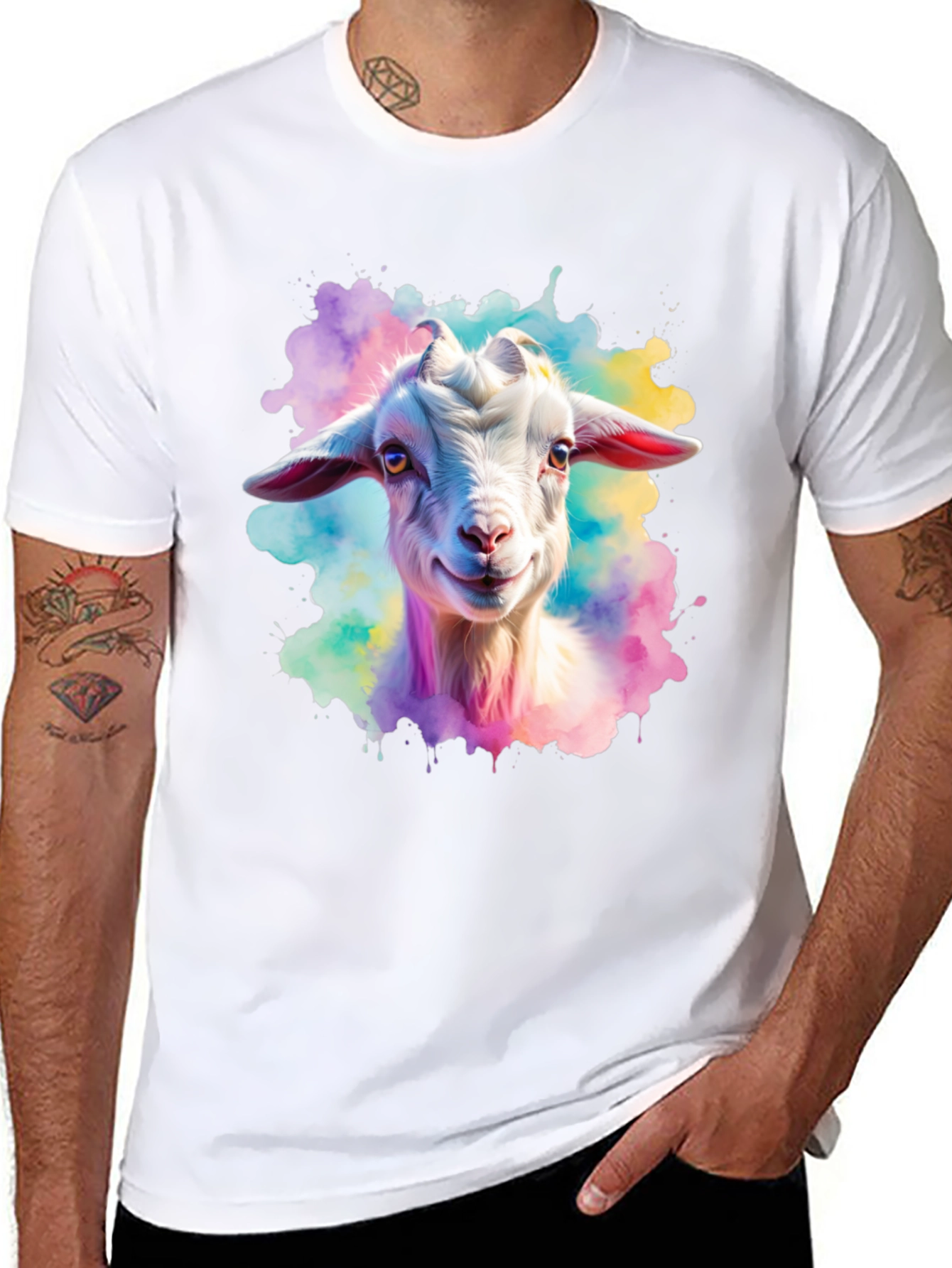 Black Goat Watercolor Graphic Print Black T-Shirt view 8