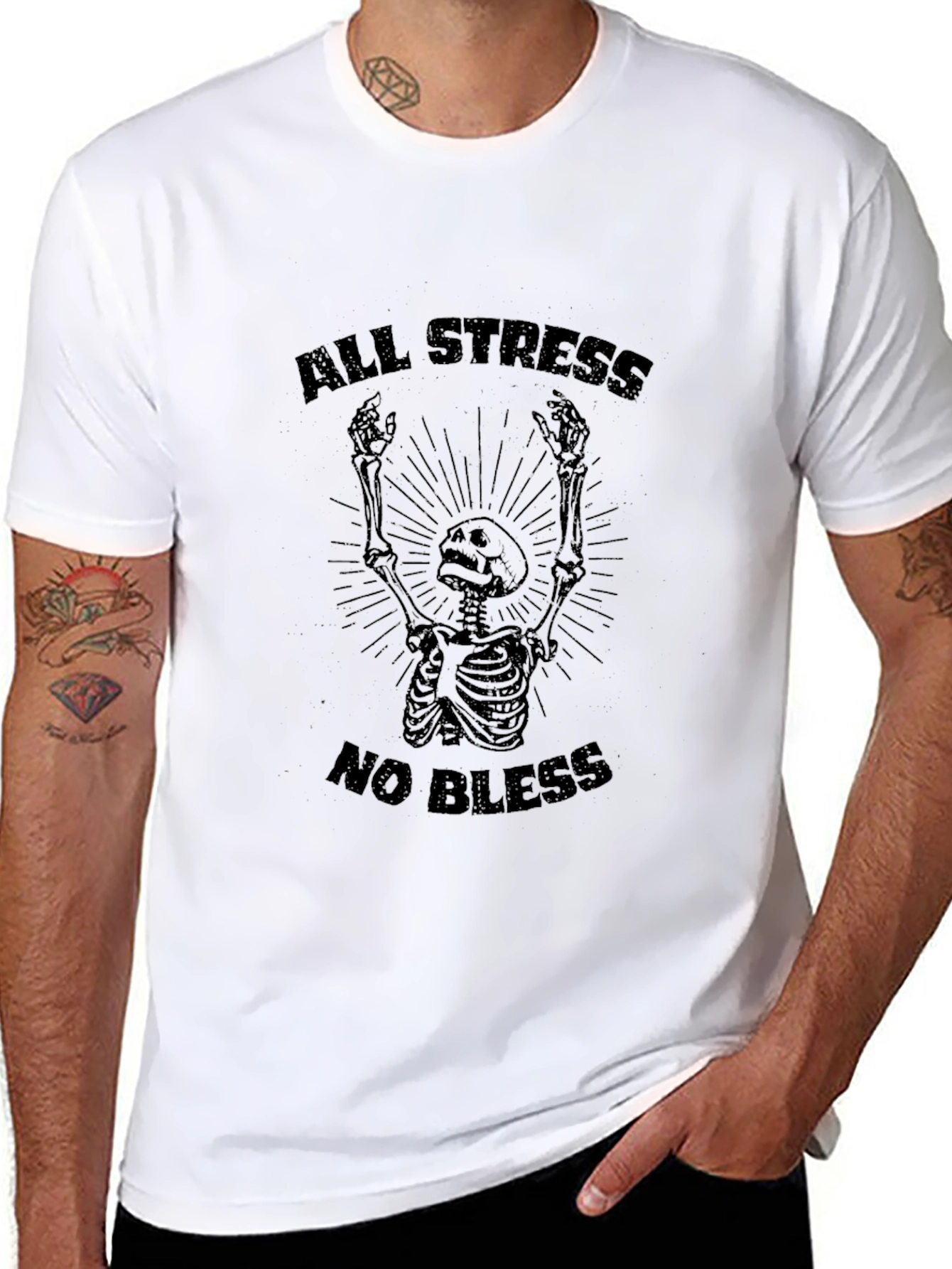 All Stress No Bless Skeleton Graphic Tee - 8