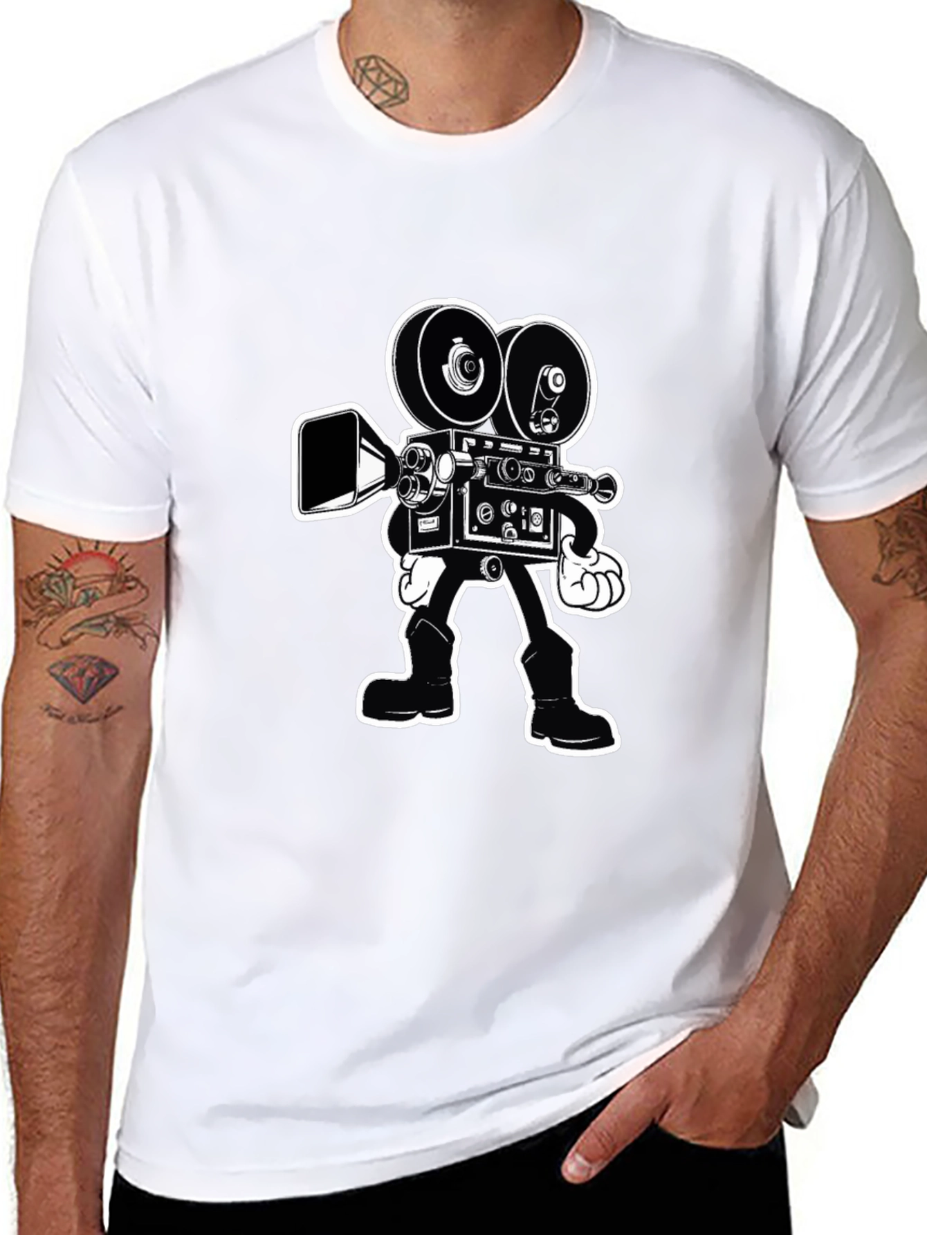 Black Retro Cartoon Movie Camera T-Shirt - Black Cotton Tee view 8