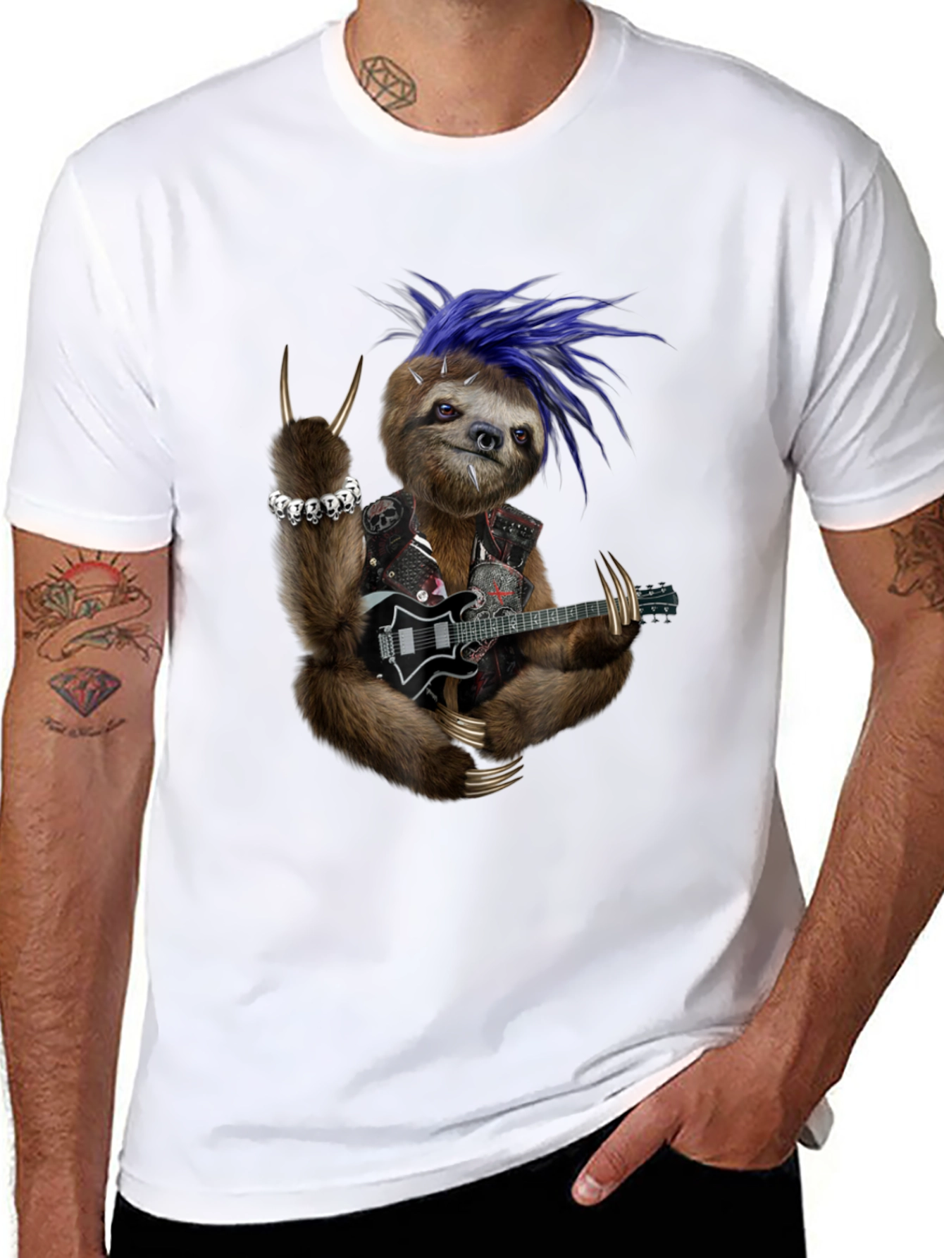 Black Rocking Sloth T-Shirt - Heavy Metal Animal Tee view 8