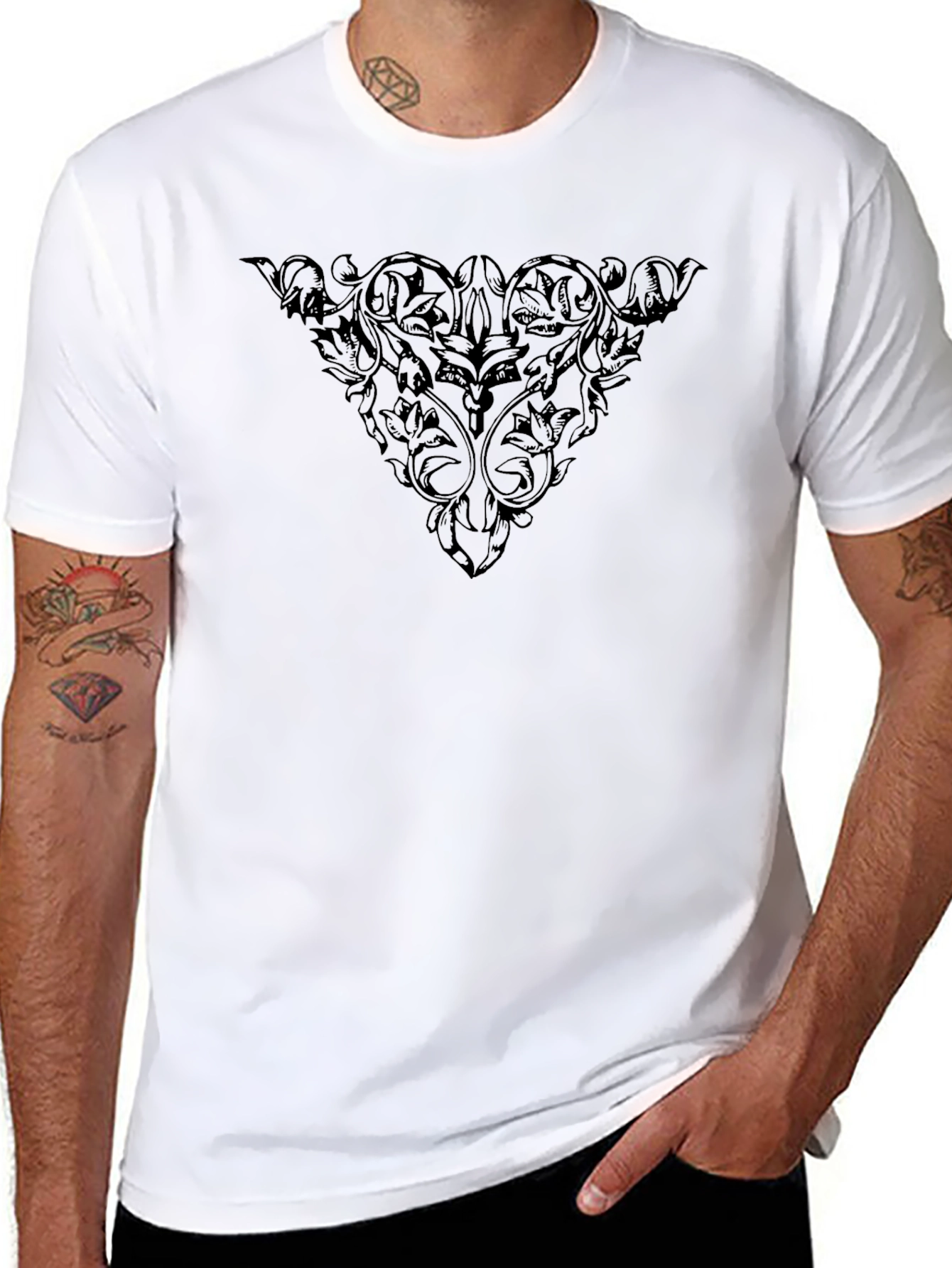Men's Black Floral Scrollwork Graphic T-Shirt - 8