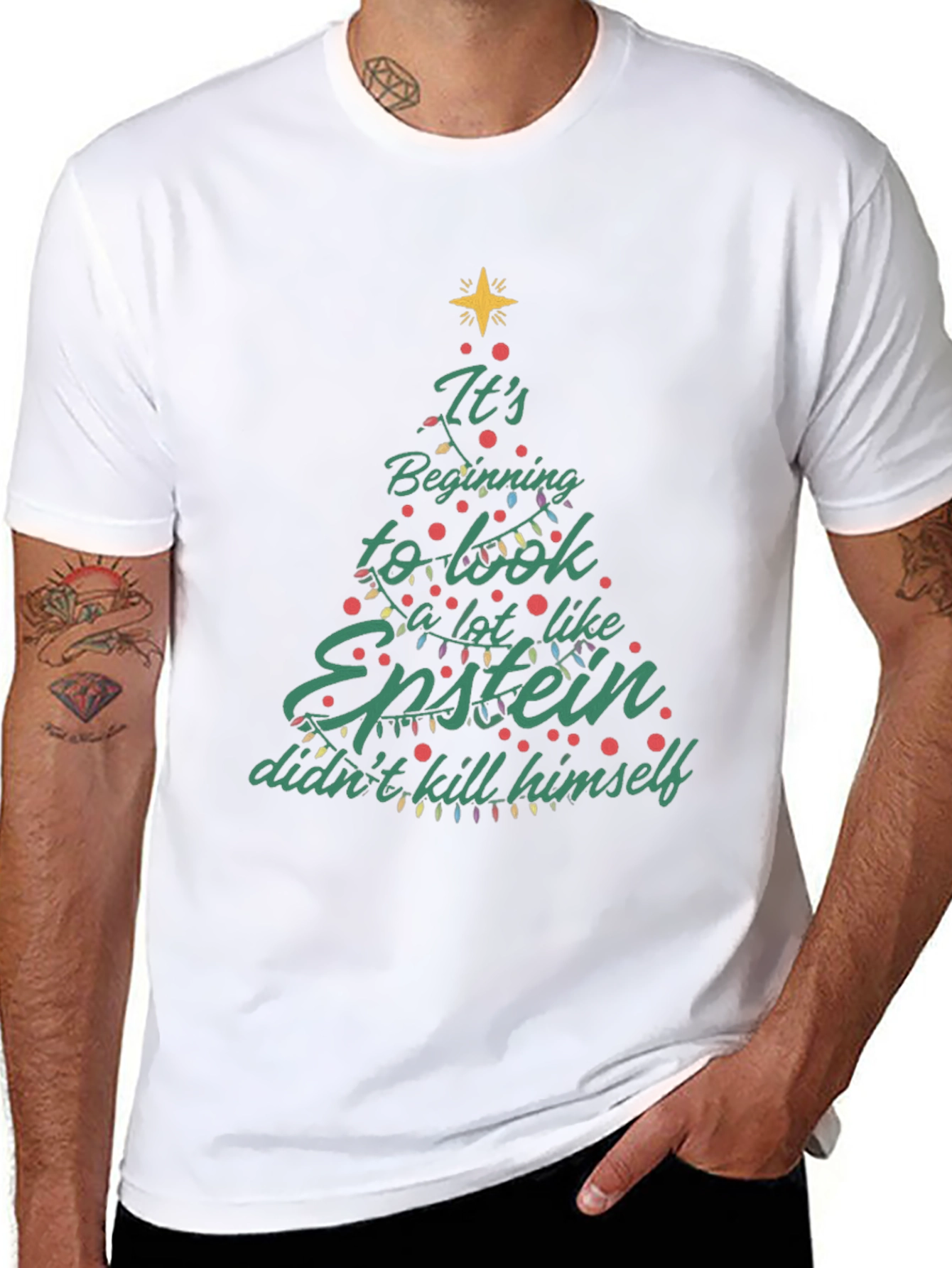 Black Epstein Didn't Kill Himself Christmas Tree T-Shirt view 8