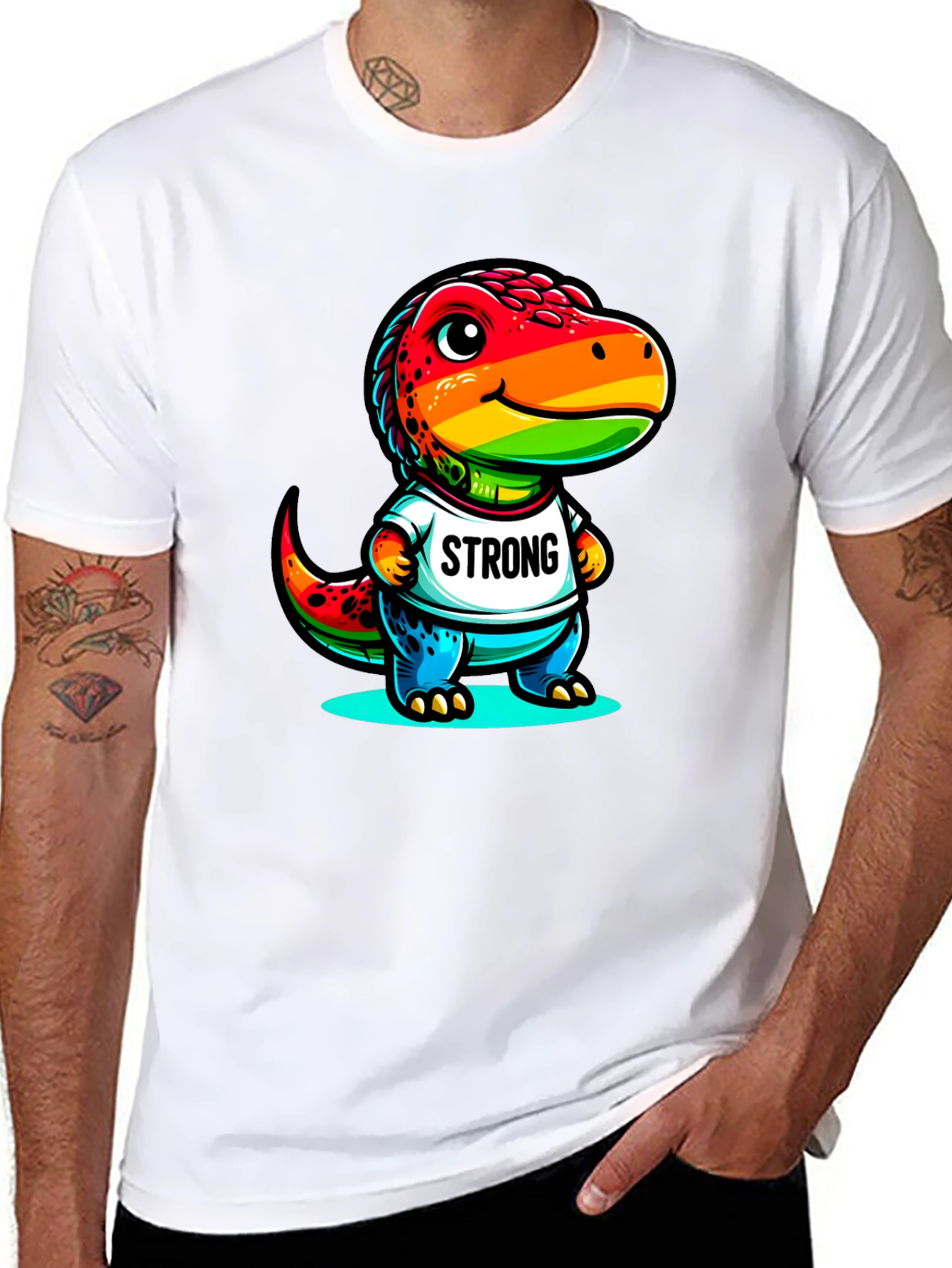 Black Rainbow Dinosaur Strong T-Shirt view 8