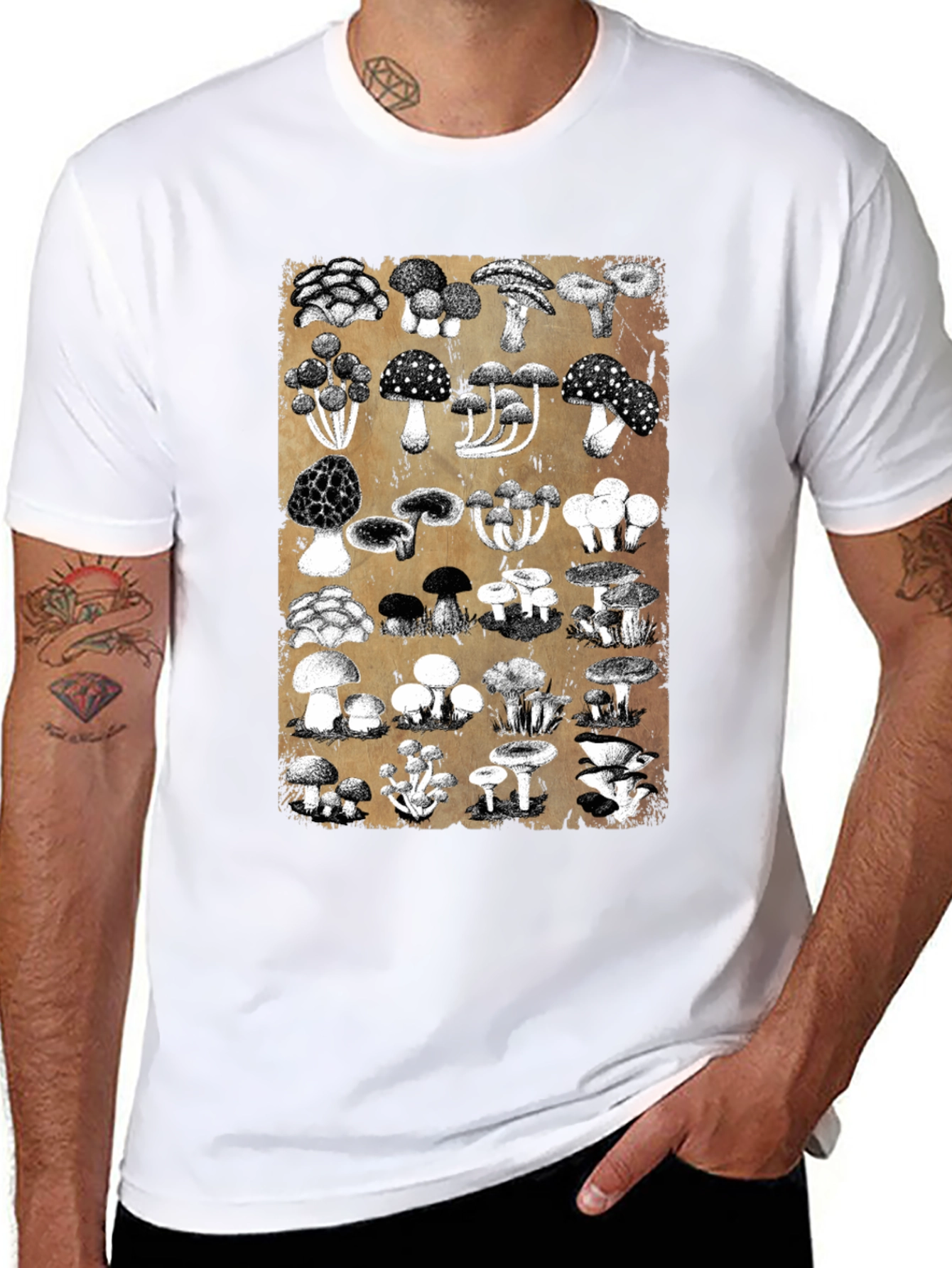 Black Mushroom Print Black T-Shirt - Nature Lover's Tee view 8