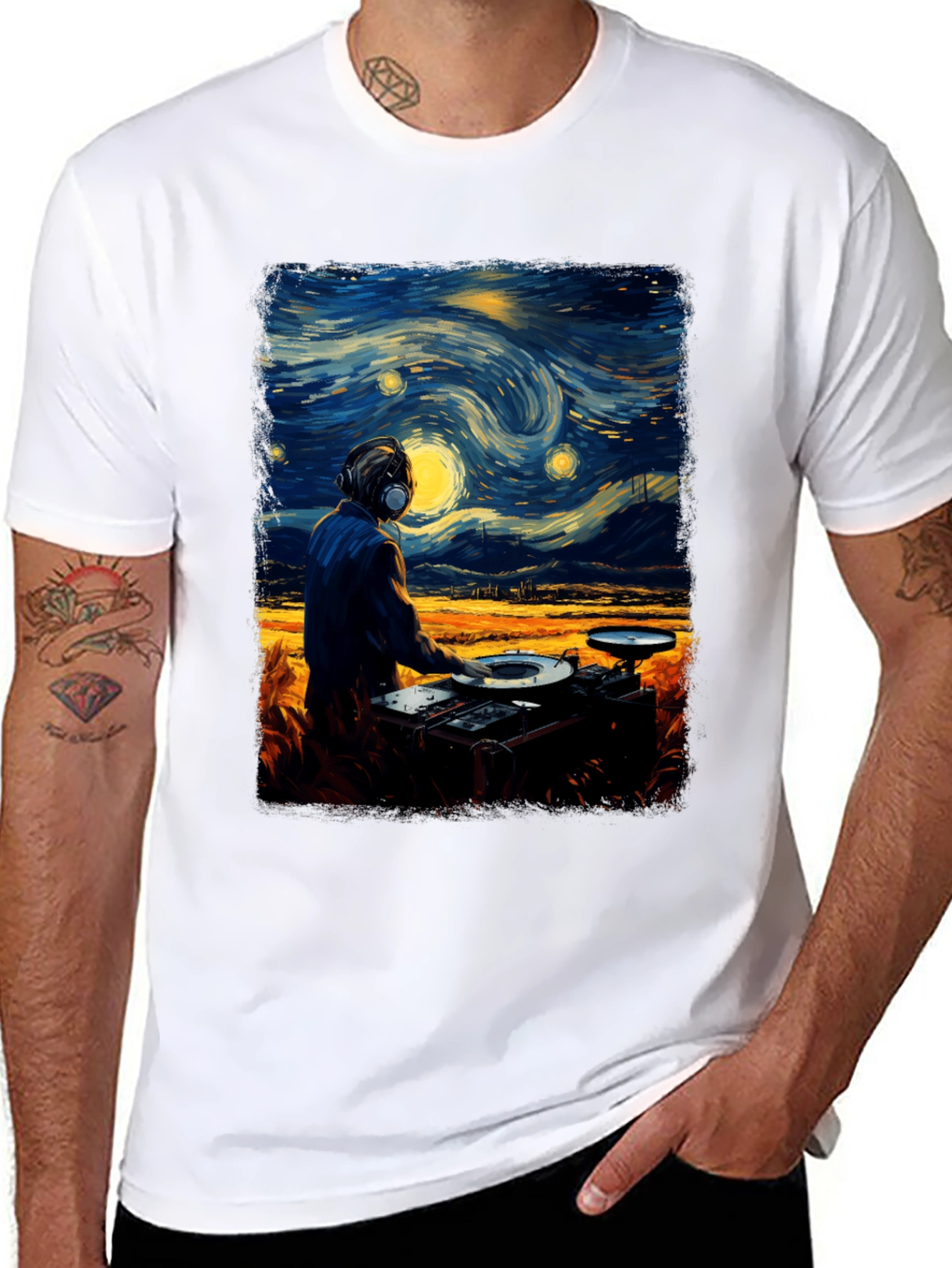 Black Starry Night DJ Graphic Tee - Cool Music Lover Shirt view 8