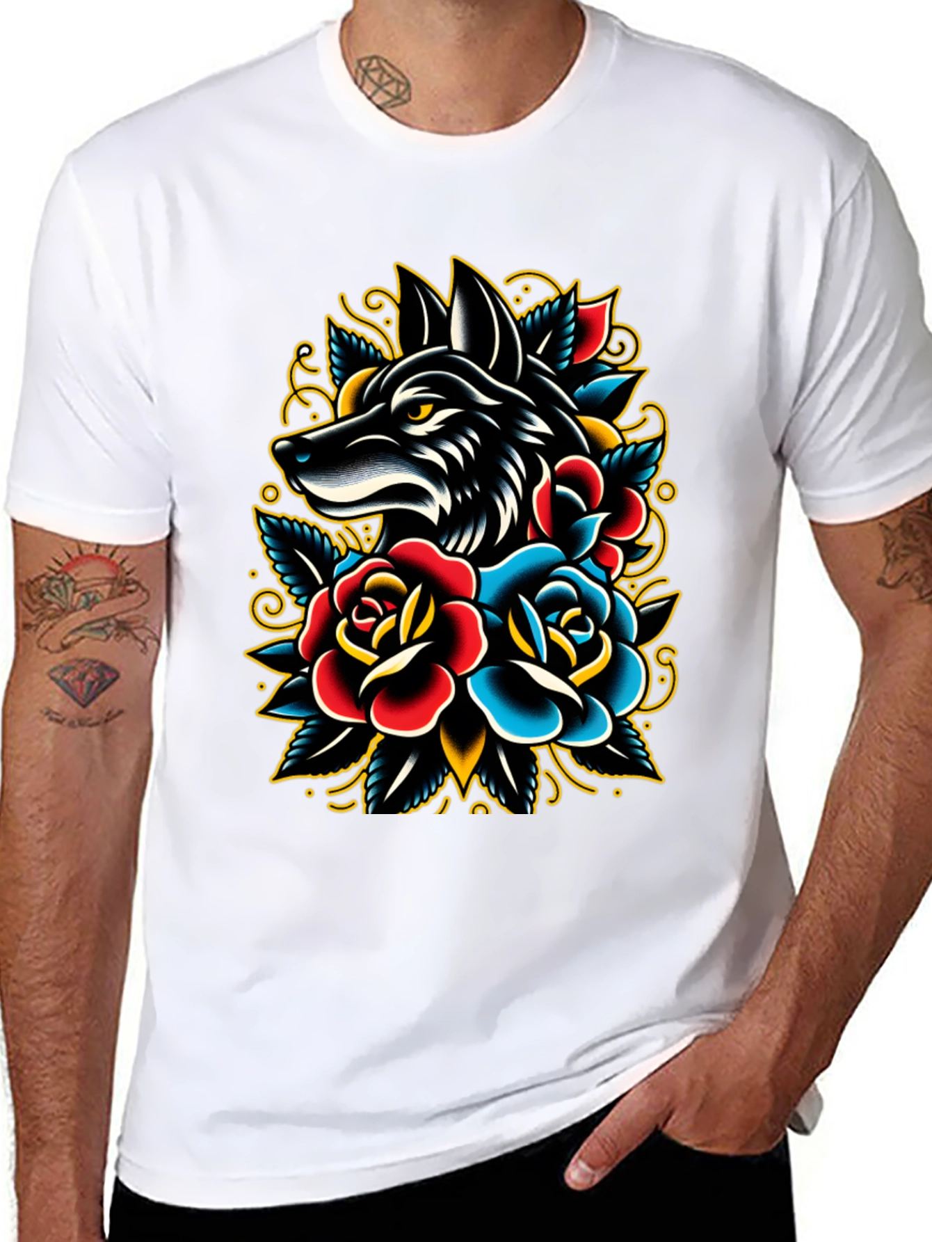 Black Wolf & Roses Graphic Tee - Classic Tattoo Style view 8