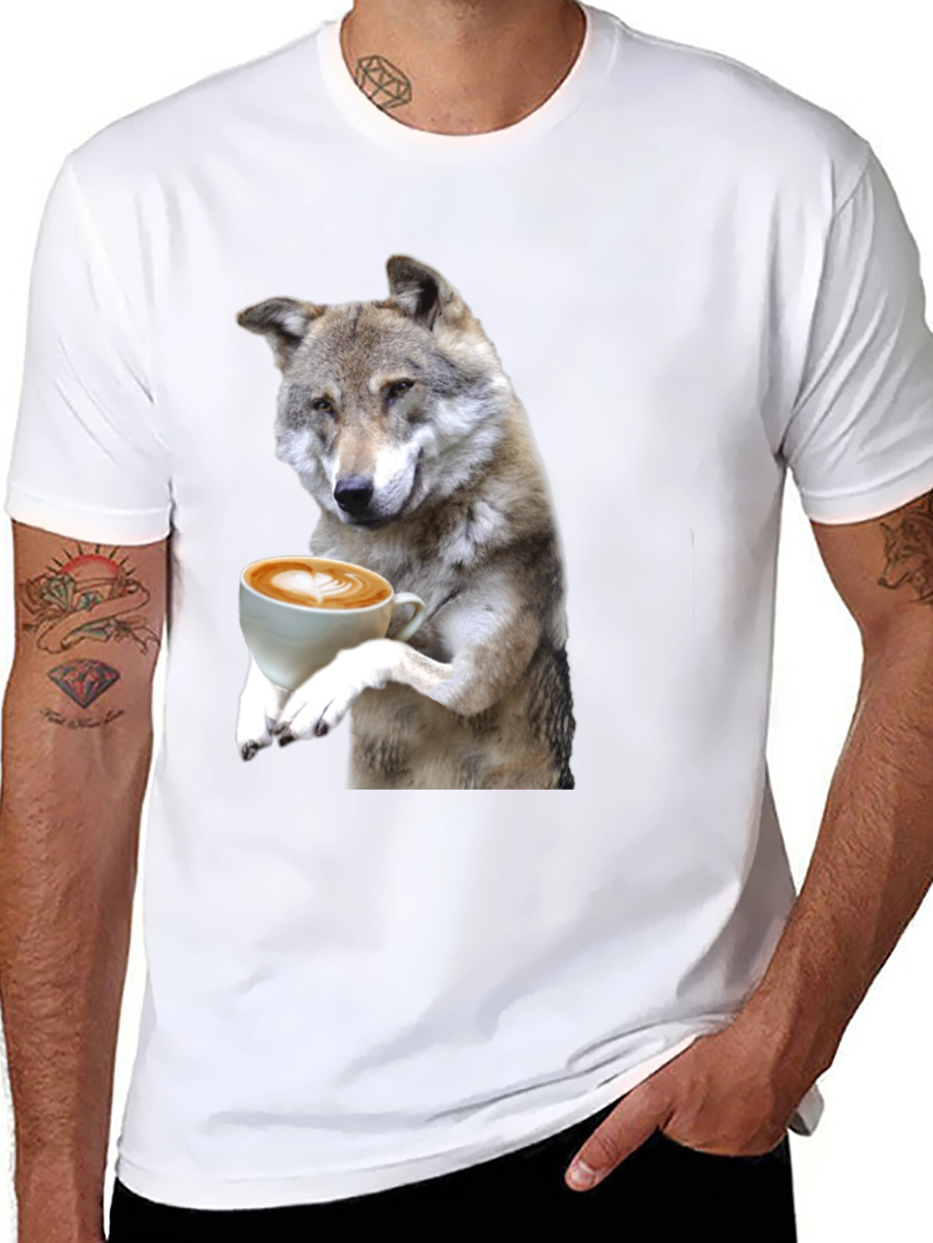 Black Wolf Drinking Coffee Graphic Tee view 8