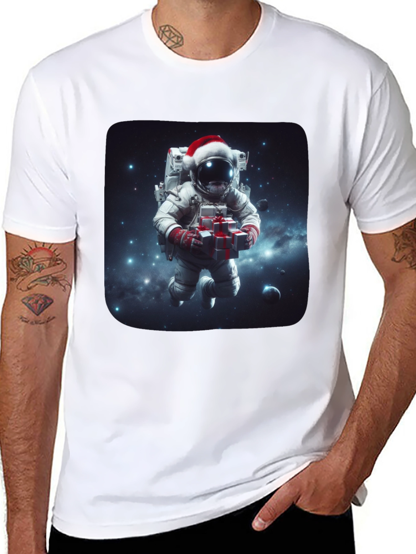 Black Festive Astronaut T-Shirt - Holiday Space Gift view 8