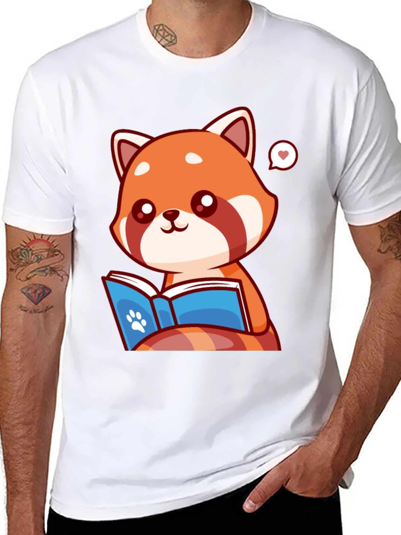 Black Cute Red Panda Reading Book Graphic Tee view 8