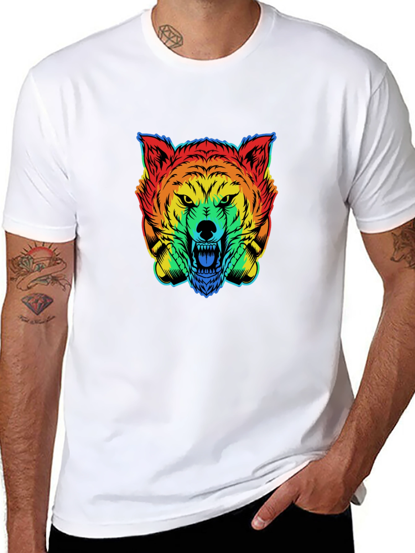 Black Rainbow Wolf Graphic T-Shirt - Men's Black Tee view 8